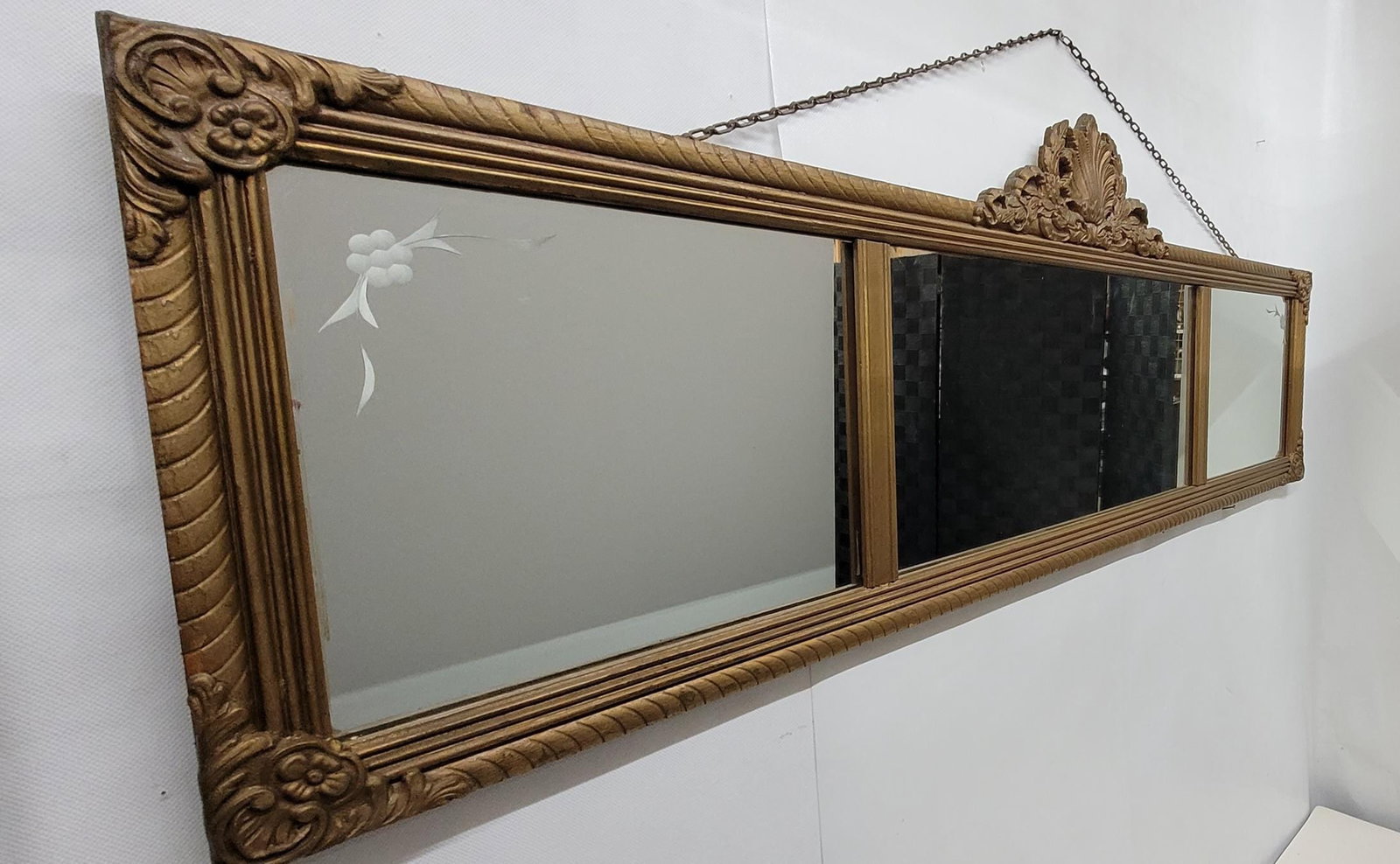 Vintage 3 panel wood wall mirror, Colonial Revival, early mid-century American, 48 inch - 2