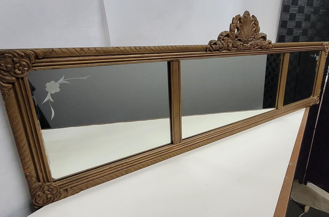 Vintage 3 panel wood wall mirror, Colonial Revival, early mid-century American, 48 inch - 3