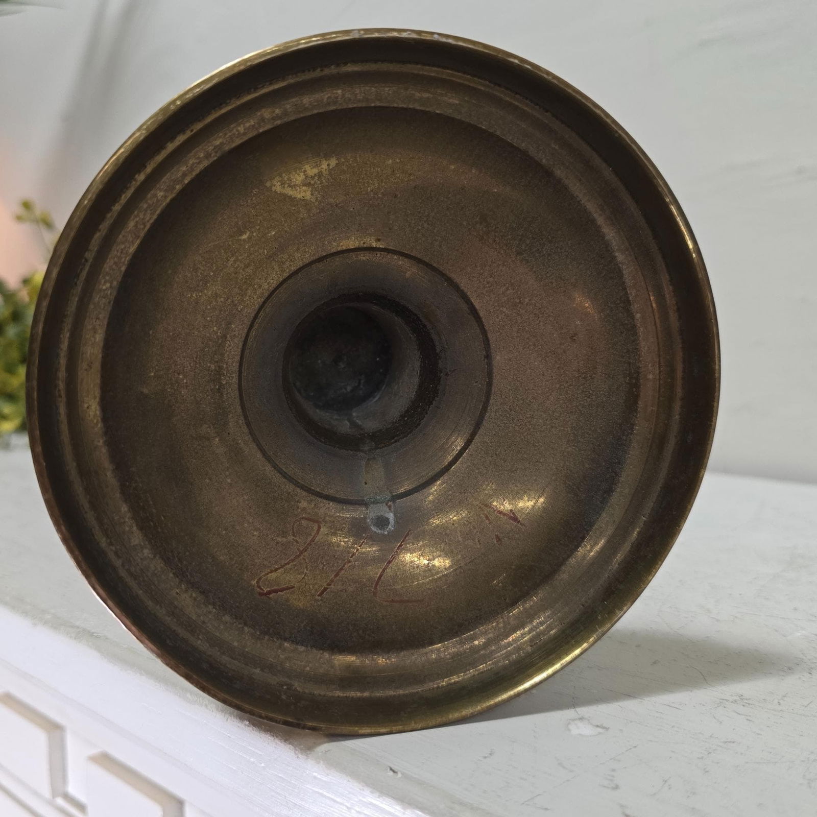 Vintage Etched Brass Floor Vase 17” Scalloped Red Floral Boho MCM Pedestal - 2