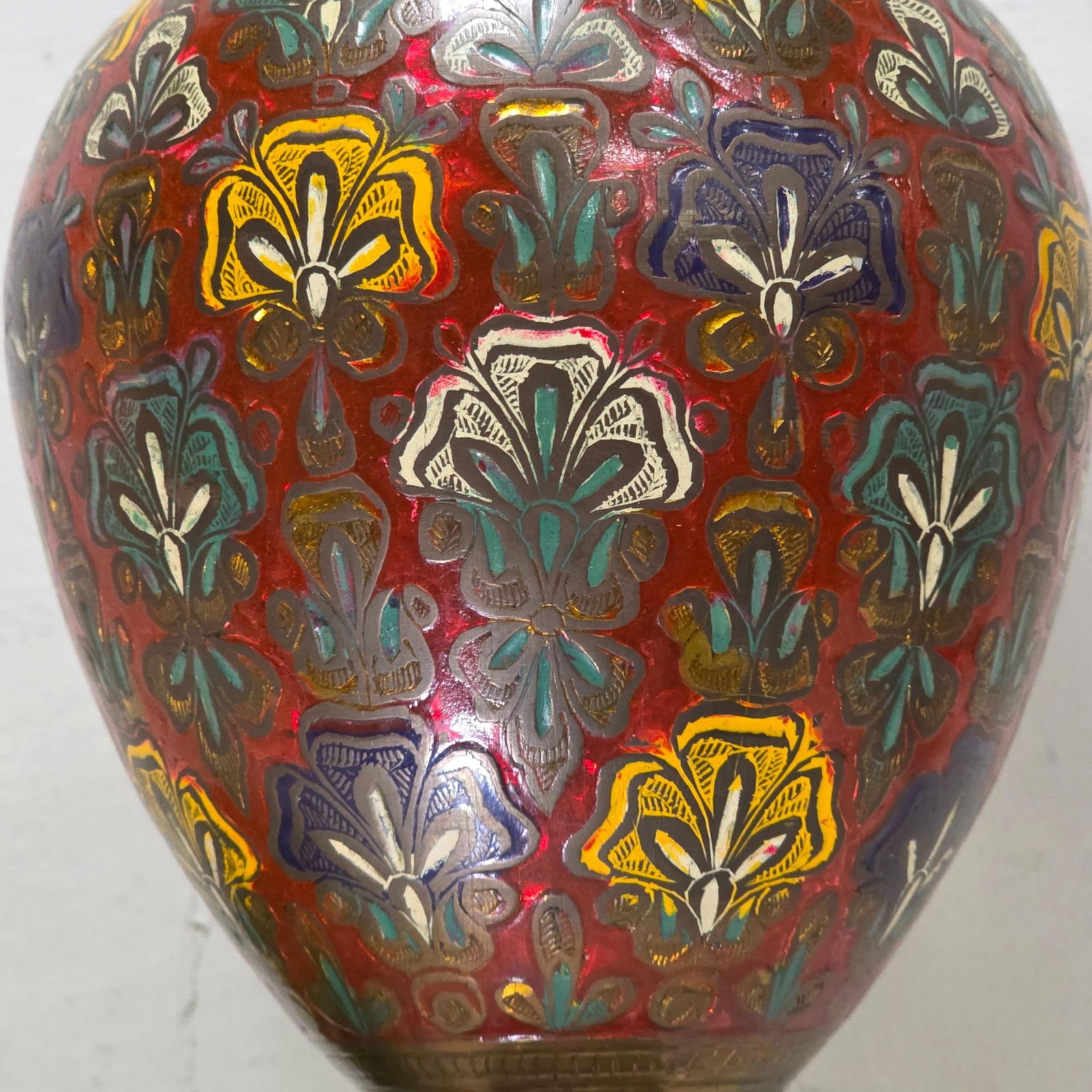 Vintage Etched Brass Floor Vase 17” Scalloped Red Floral Boho MCM Pedestal - 4