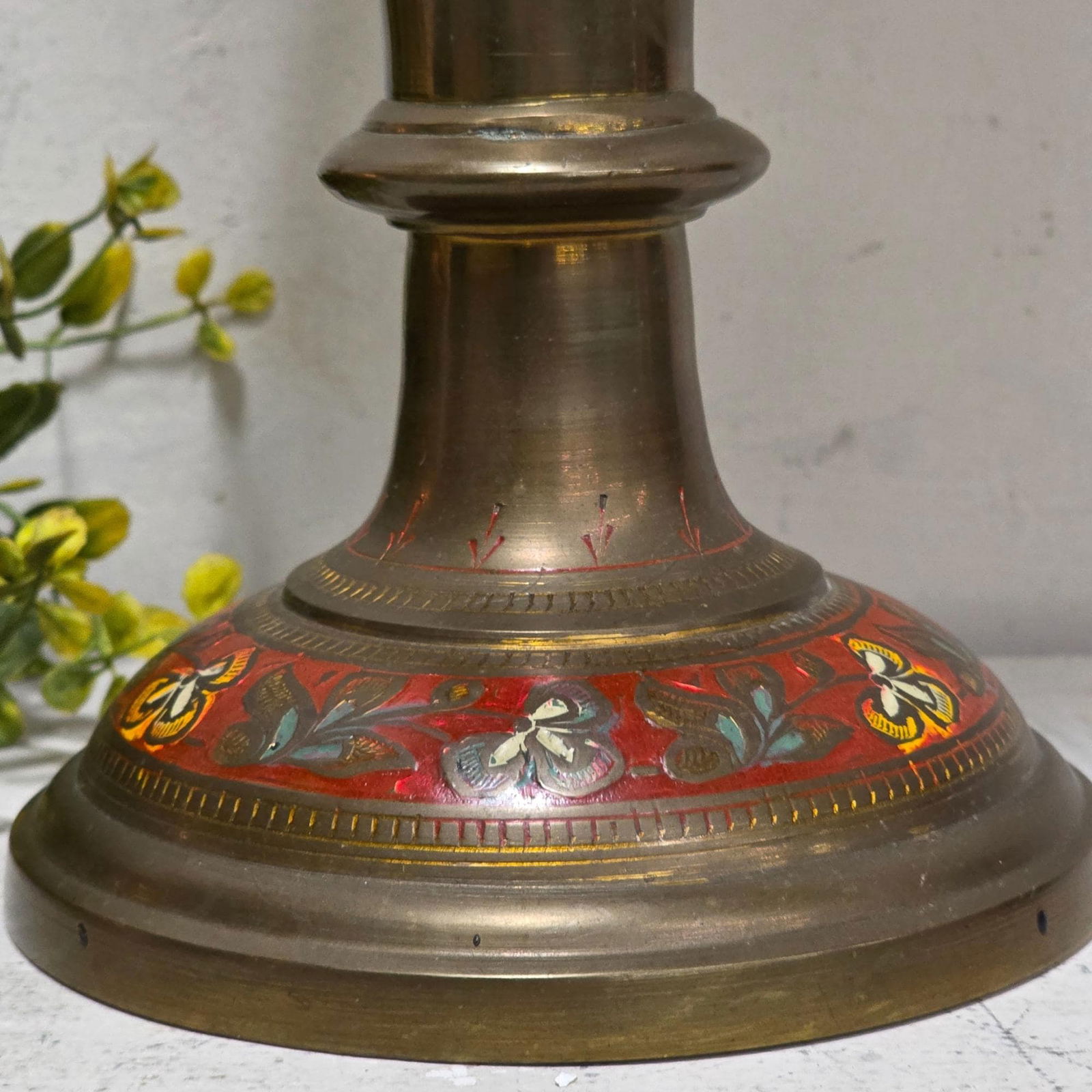 Vintage Etched Brass Floor Vase 17” Scalloped Red Floral Boho MCM Pedestal - 5