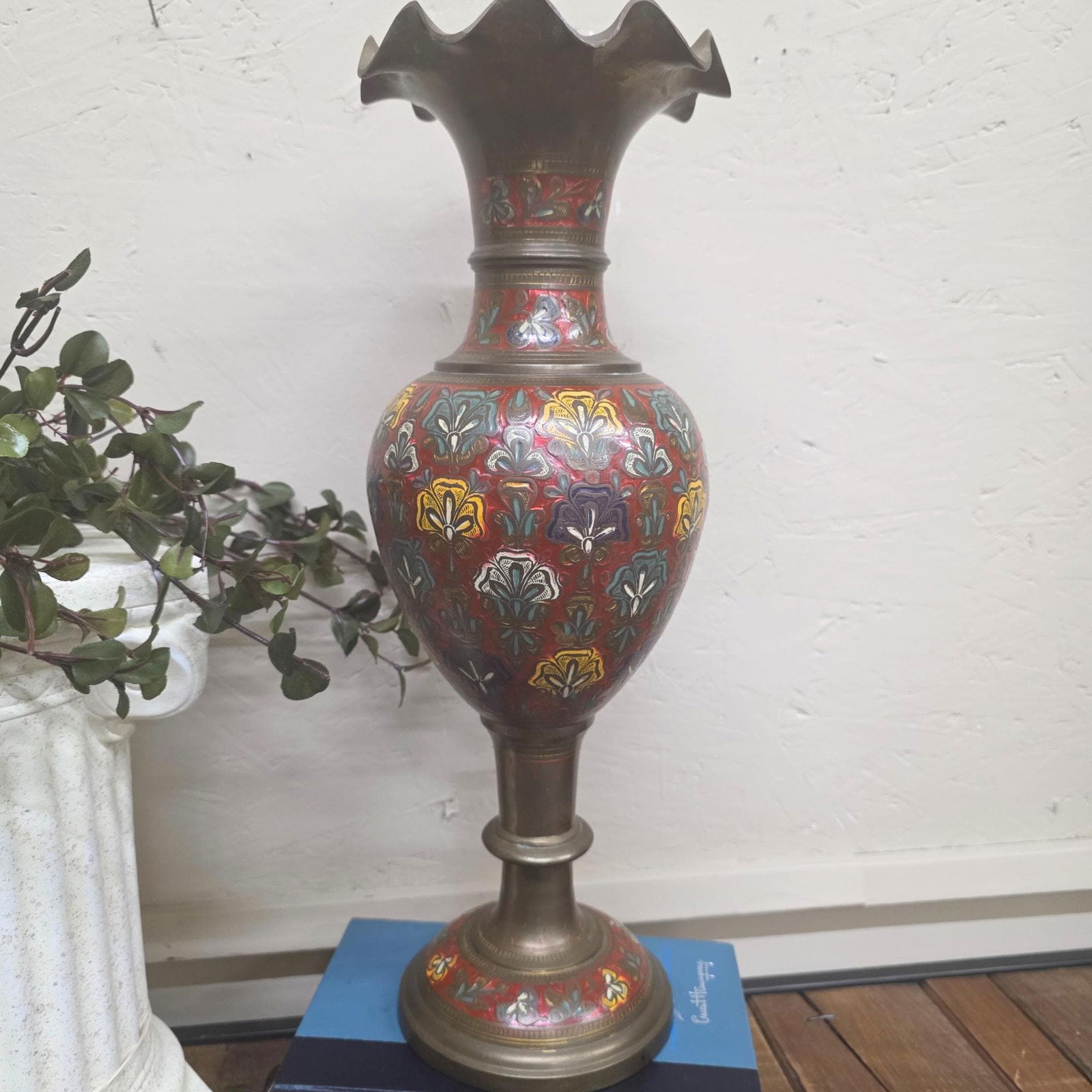 Vintage Etched Brass Floor Vase 17” Scalloped Red Floral Boho MCM Pedestal - 6
