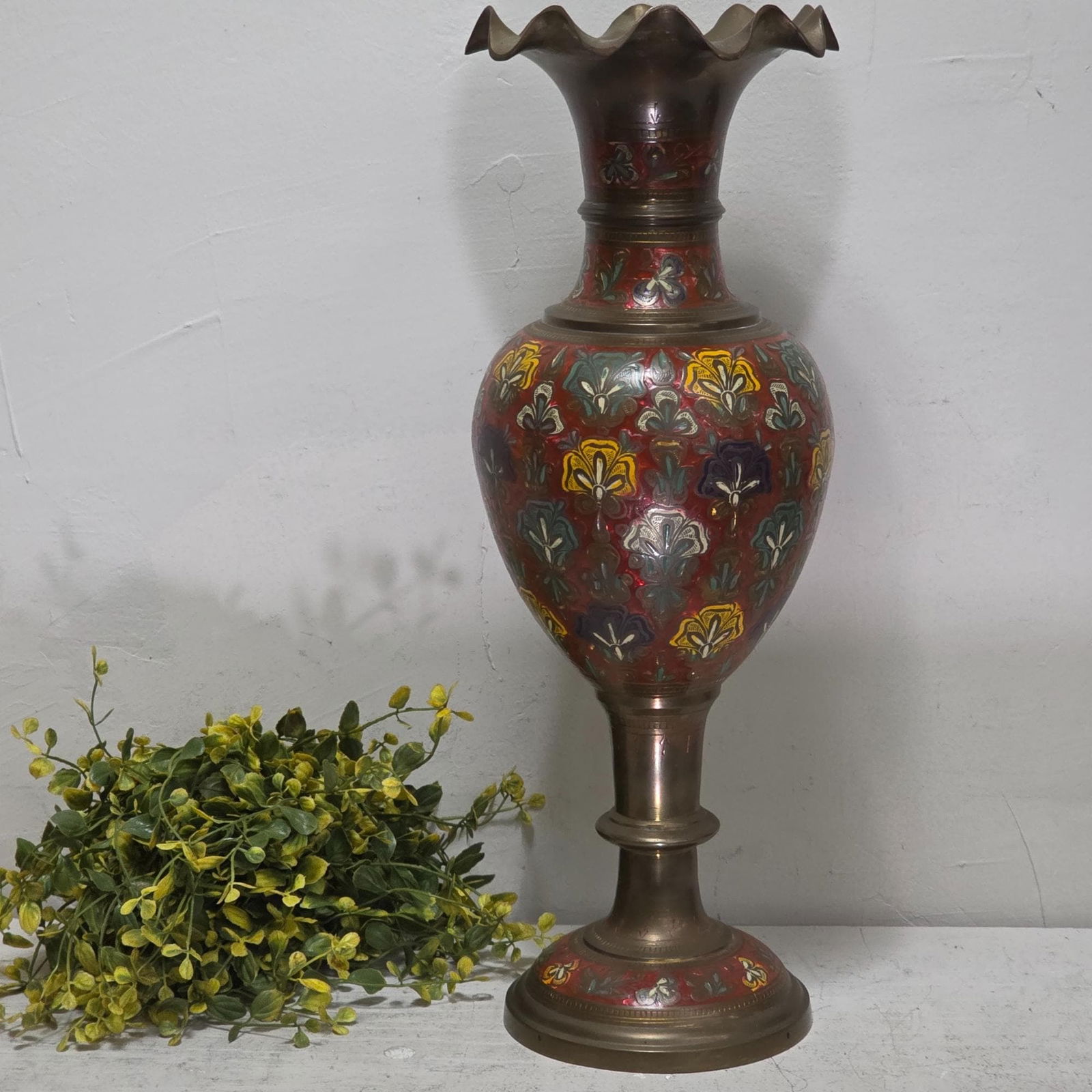 Vintage Etched Brass Floor Vase 17” Scalloped Red Floral Boho MCM Pedestal - 7