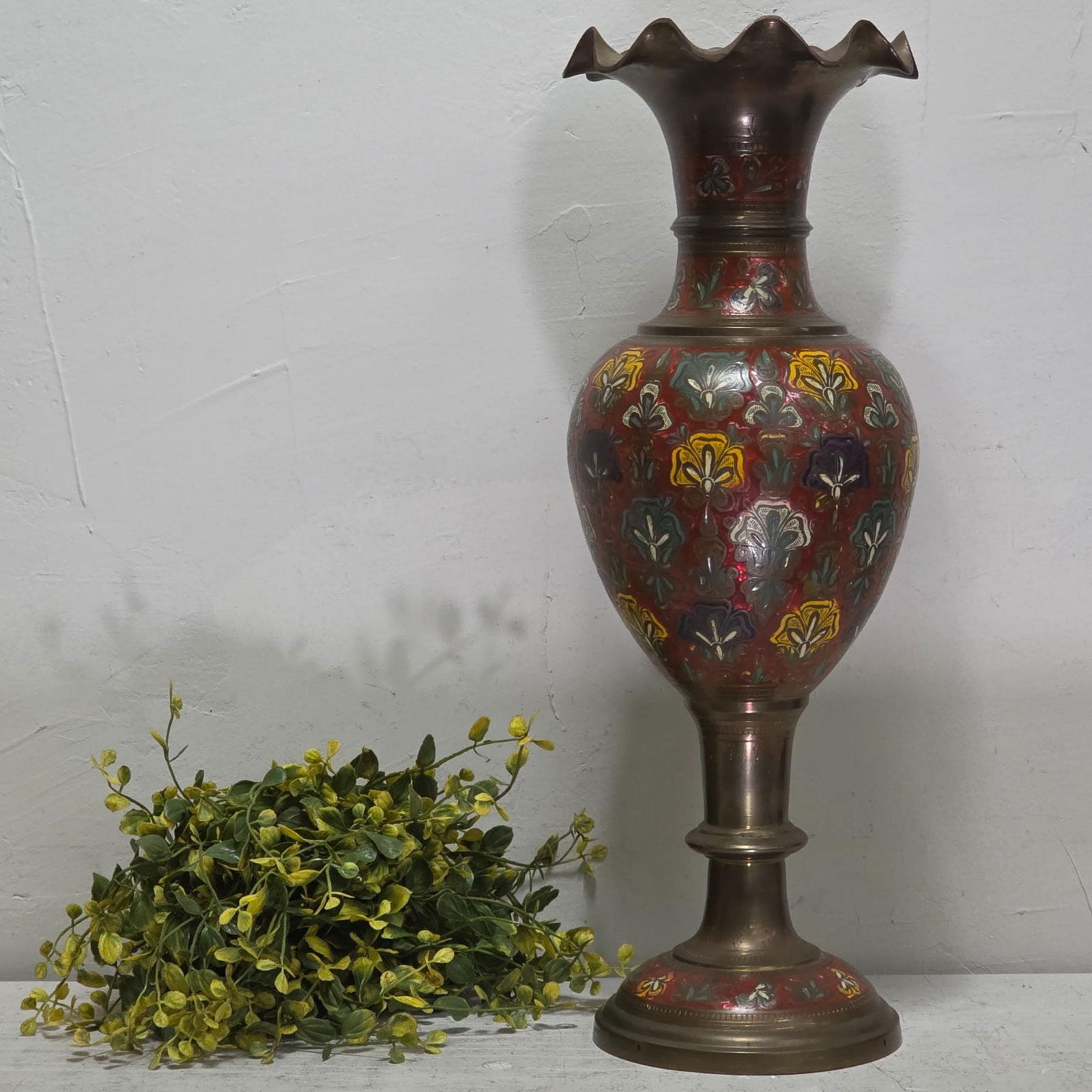 Vintage Etched Brass Floor Vase 17” Scalloped Red Floral Boho MCM Pedestal - 8