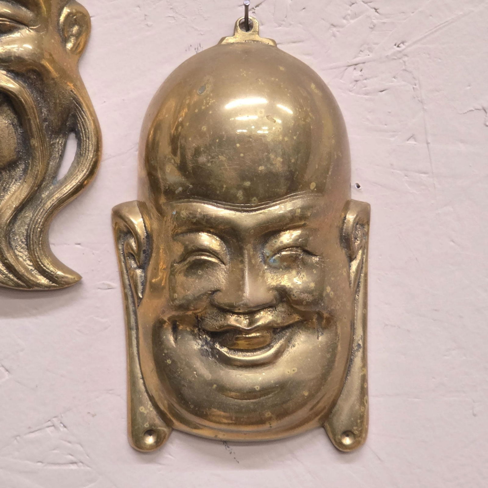 Vintage Brass Wall Masks Set of 2, Asian Metal Hanging Plaques, Smiling & Bearded Faces, Chinoiserie: Title: Vintage Brass Wall Masks Set of 2, Asian Metal Hanging Plaques, Smiling & Bearded Faces, Chinoiserie Hollywood Regency Decor a Pair. Description: Vintage from the 1970s Materials: Brass,