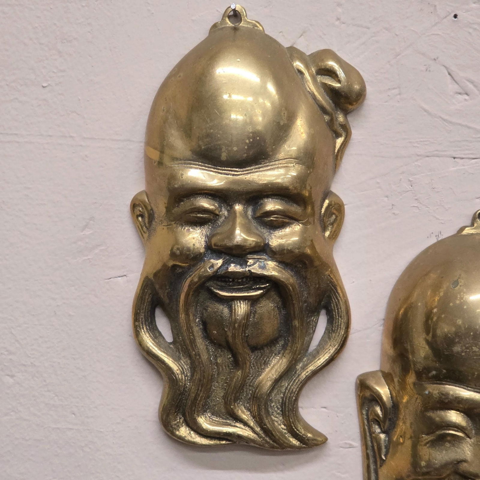 Vintage Brass Wall Masks Set of 2, Asian Metal Hanging Plaques, Smiling & Bearded Faces, Chinoiserie - 2