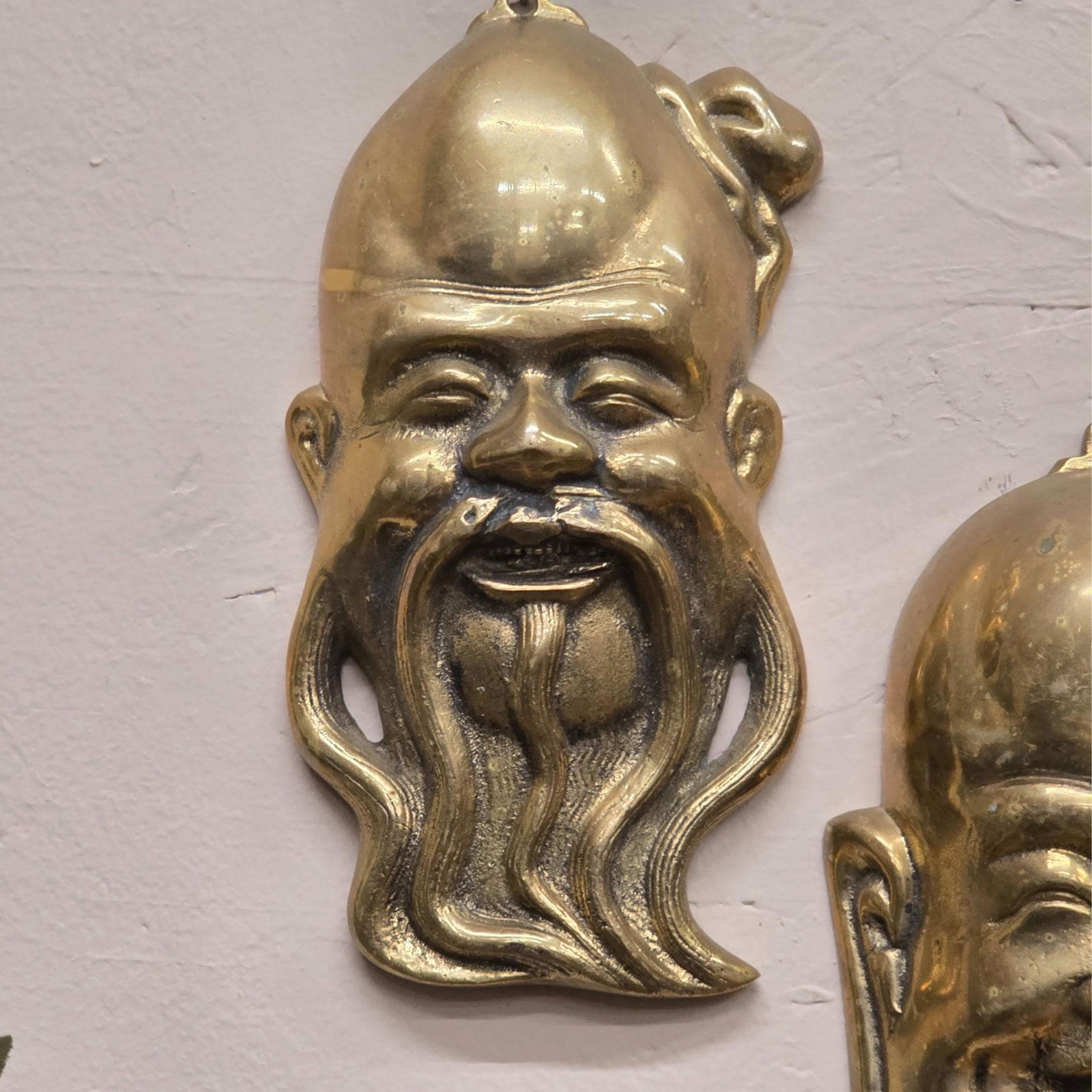 Vintage Brass Wall Masks Set of 2, Asian Metal Hanging Plaques, Smiling & Bearded Faces, Chinoiserie - 3