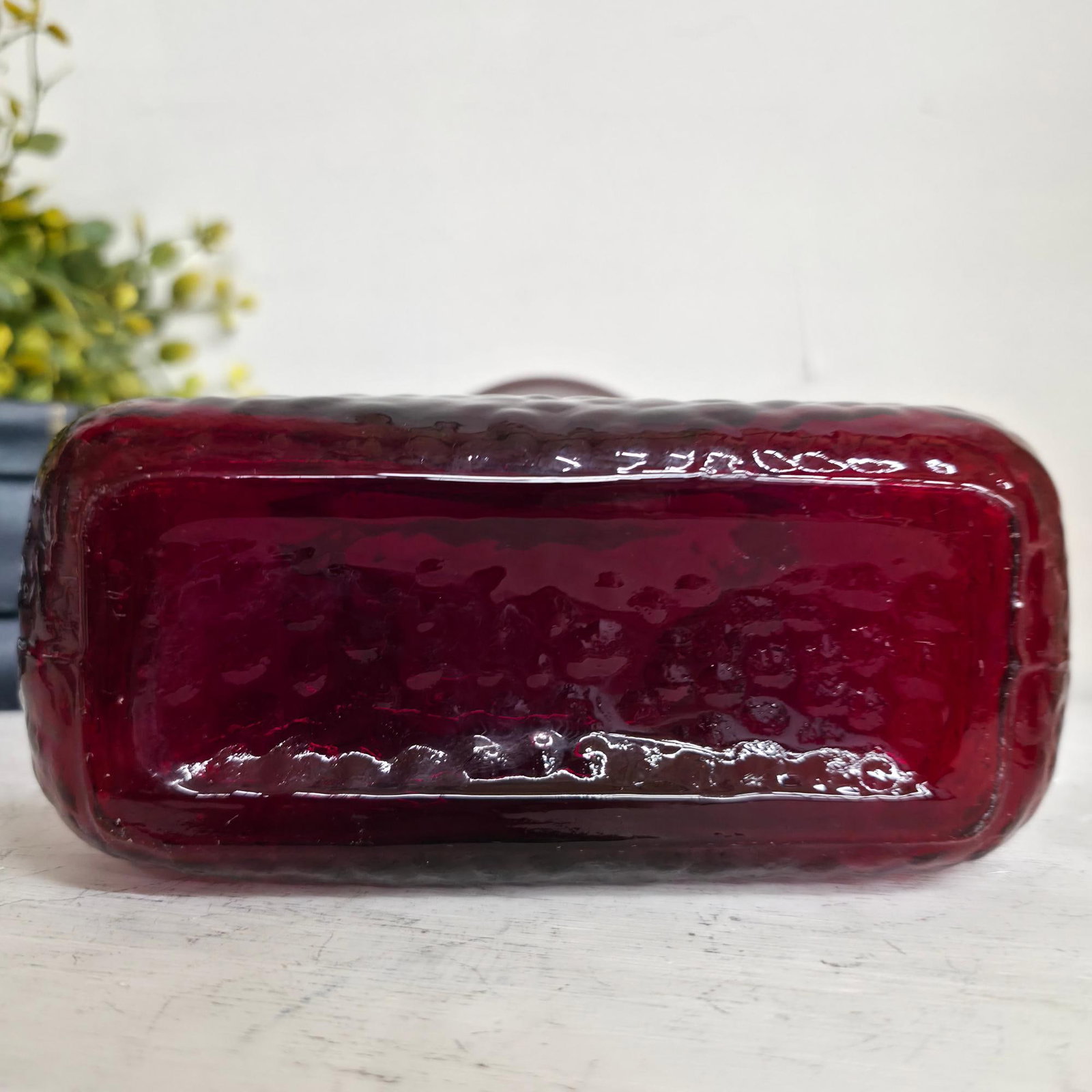 Vintage Ruby Red Textured Art Glass Vase, MCM Canteen Bottle Form, Pinched Rim, 8" Garnet Vessel - 2