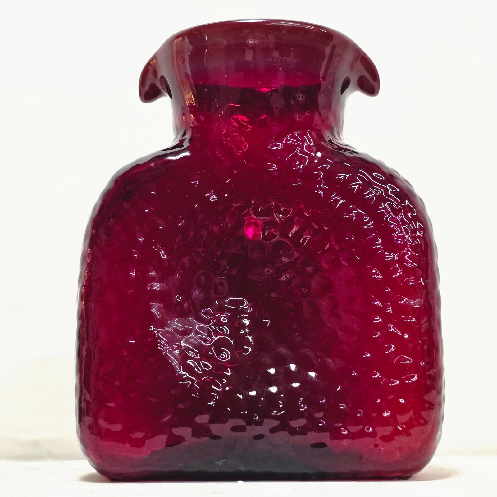 Vintage Ruby Red Textured Art Glass Vase, MCM Canteen Bottle Form, Pinched Rim, 8" Garnet Vessel - 3