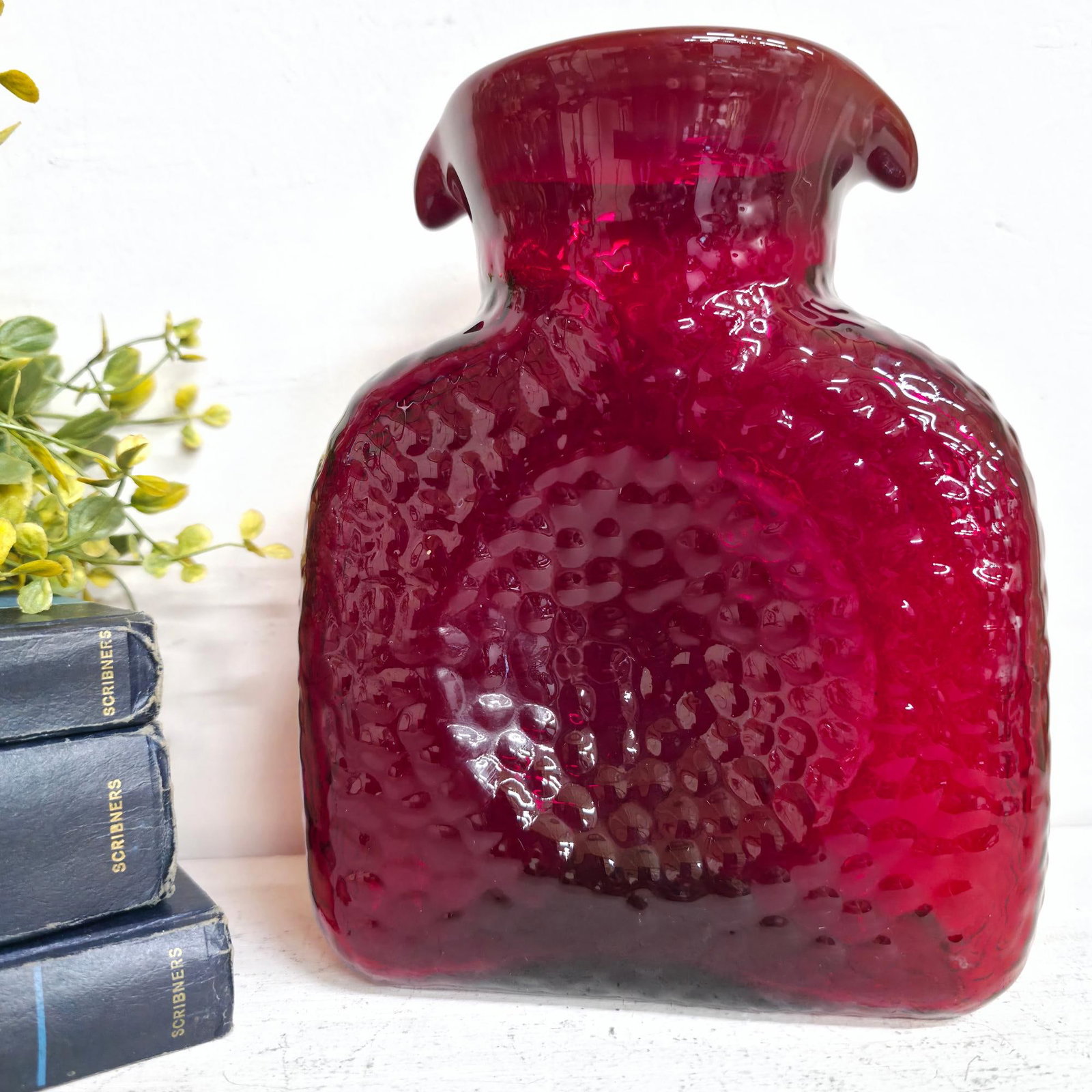 Vintage Ruby Red Textured Art Glass Vase, MCM Canteen Bottle Form, Pinched Rim, 8" Garnet Vessel - 4