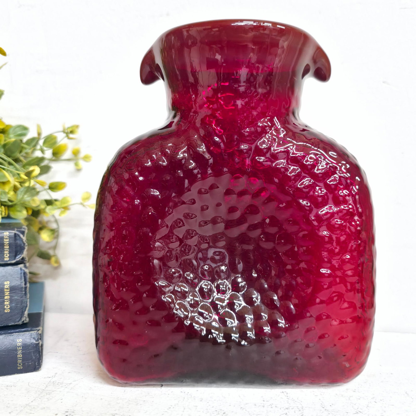 Vintage Ruby Red Textured Art Glass Vase, MCM Canteen Bottle Form, Pinched Rim, 8" Garnet Vessel - 5