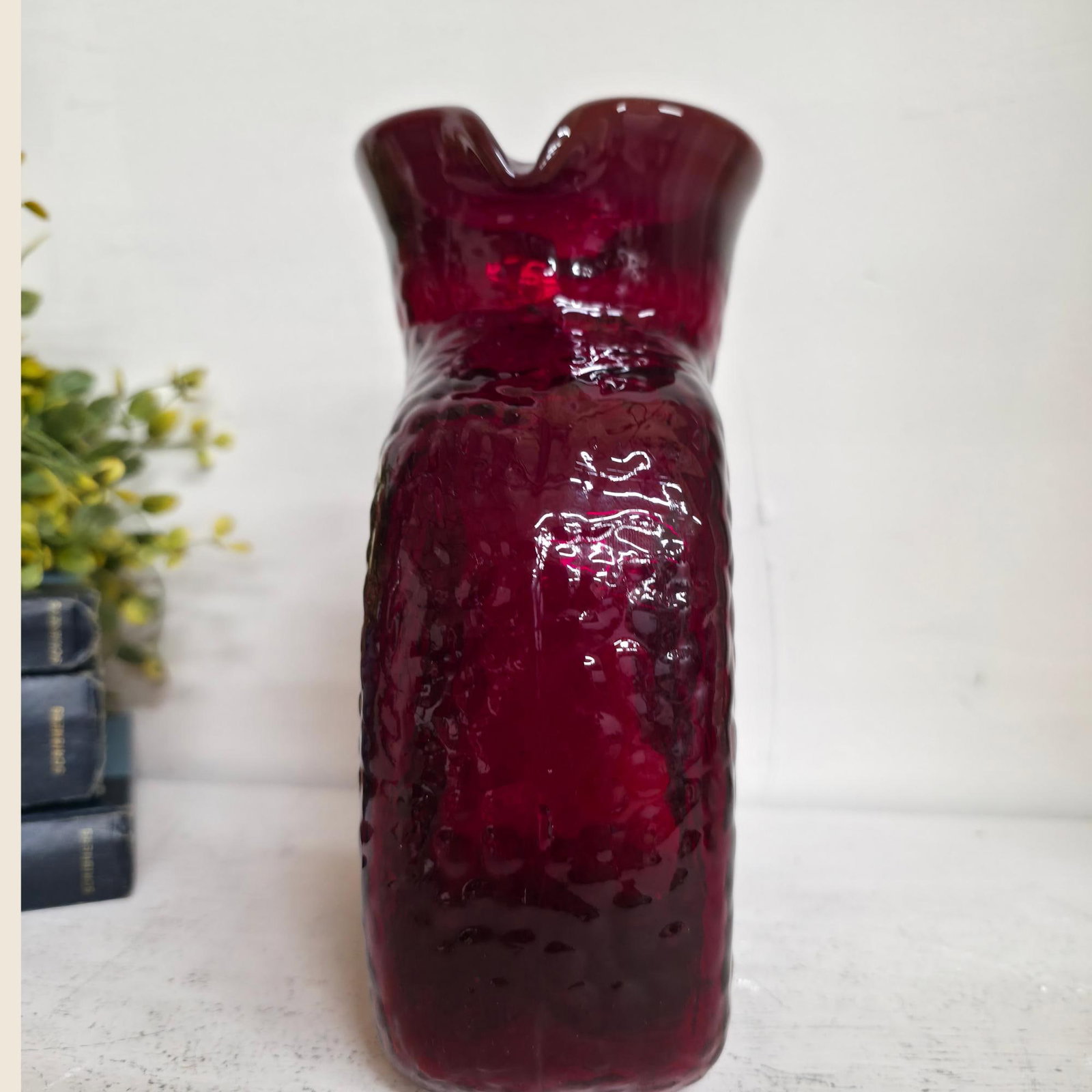 Vintage Ruby Red Textured Art Glass Vase, MCM Canteen Bottle Form, Pinched Rim, 8" Garnet Vessel - 6