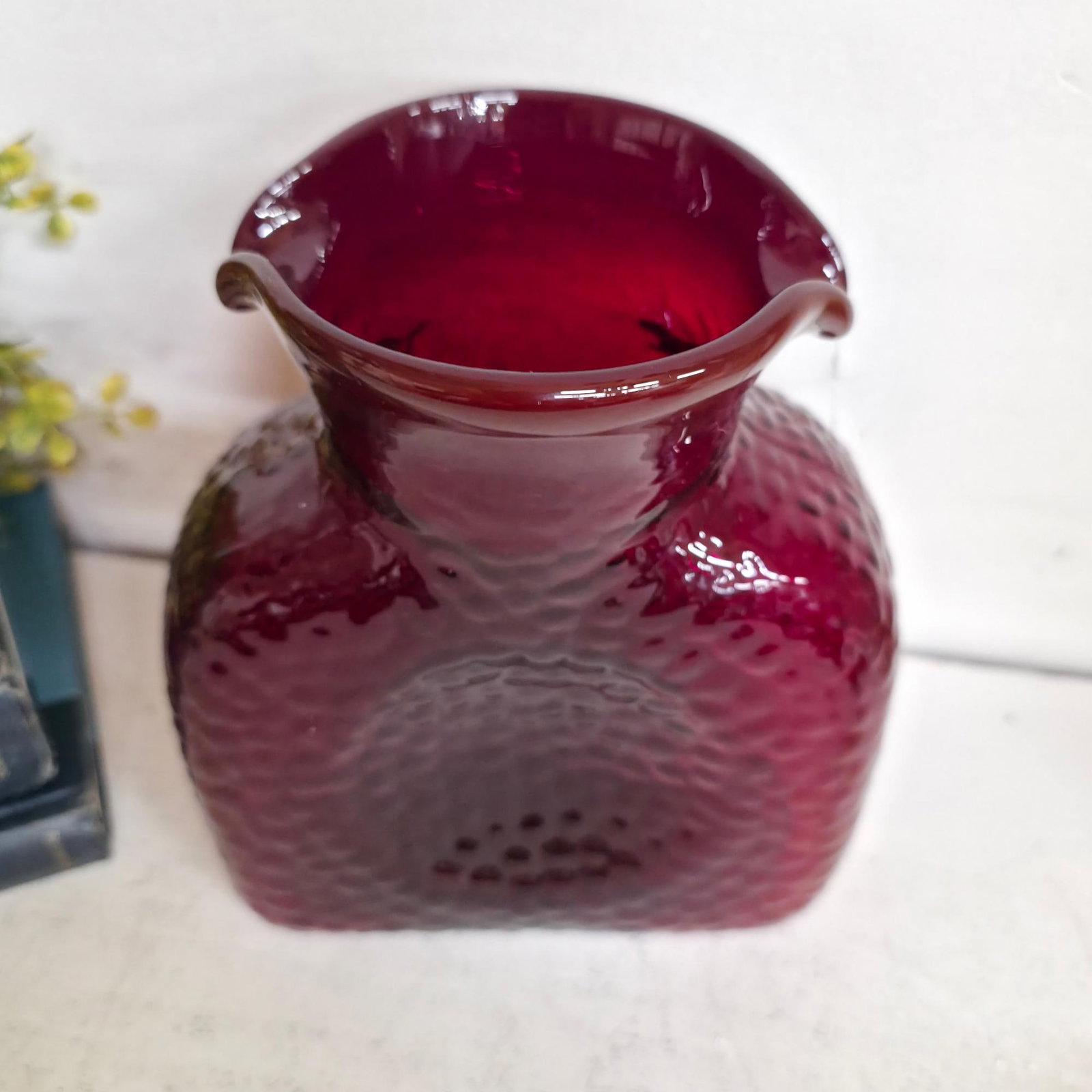 Vintage Ruby Red Textured Art Glass Vase, MCM Canteen Bottle Form, Pinched Rim, 8" Garnet Vessel - 7