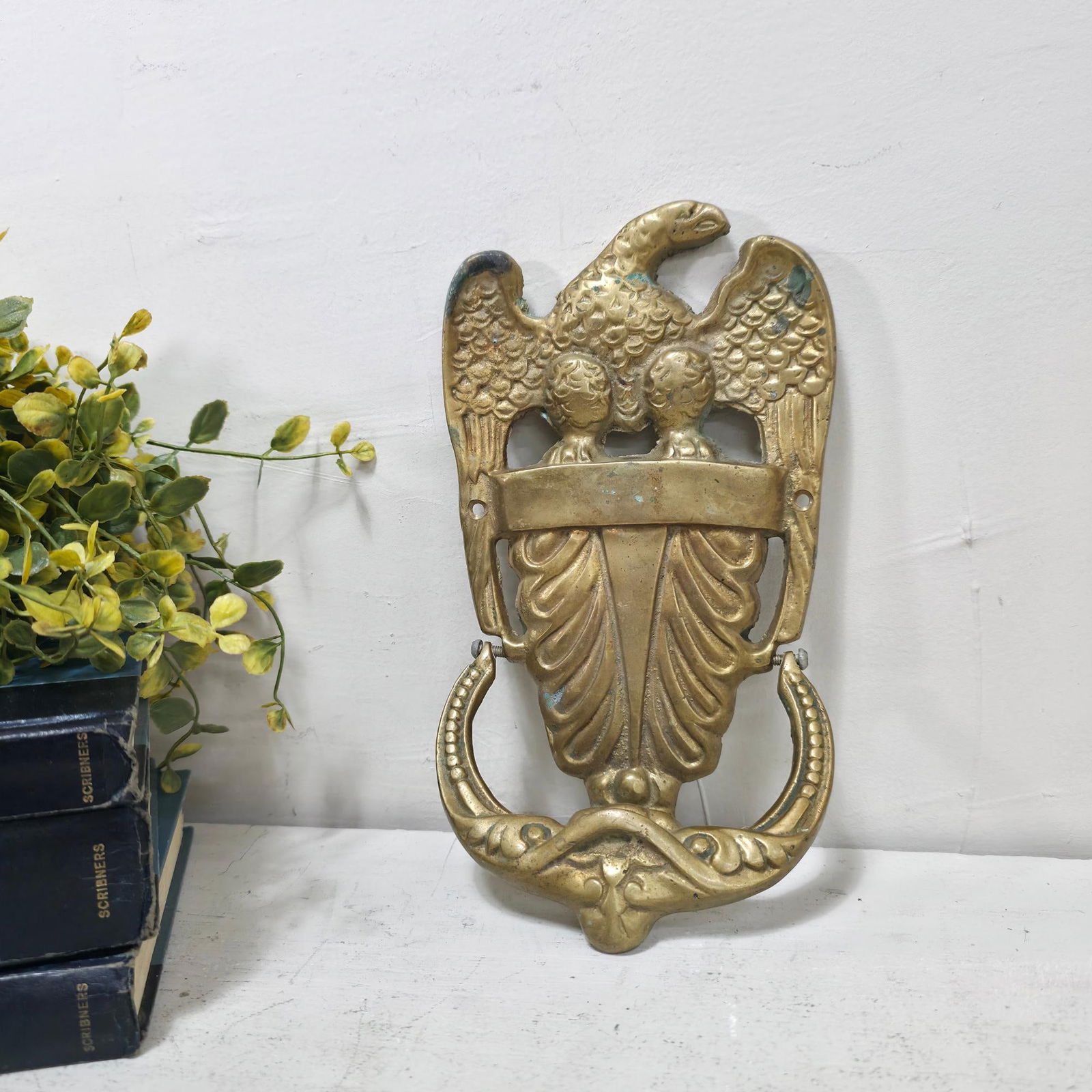 Large 9.5” Vintage Brass American Eagle Door Knocker, Patriotic Federal Style Entry Hardware,: Title: Large 9.5” Vintage Brass American Eagle Door Knocker, Patriotic Federal Style Entry Hardware, Antiqued Front Traditional Colonial Accent Description: Vintage from the 1960s Materials: