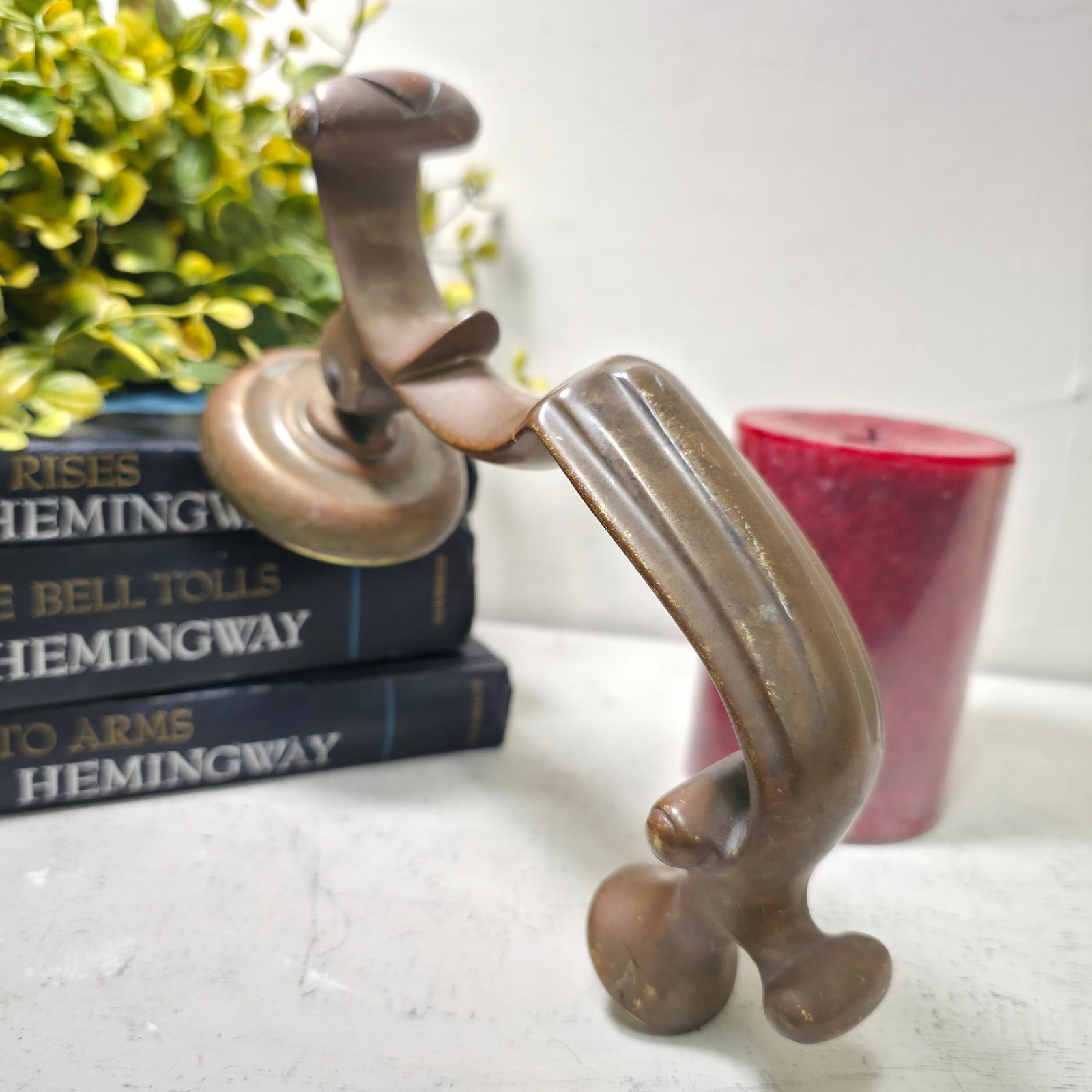 Vintage Brass Lever Door Knocker, Sculptural Curved Handle with Round Strike Plate, Traditional - 2