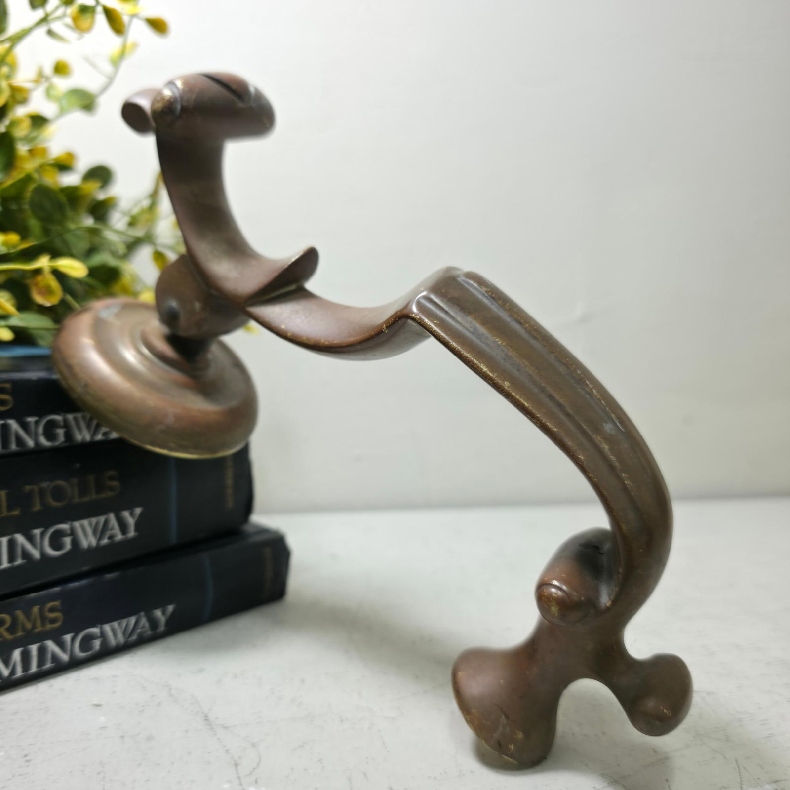 Vintage Brass Lever Door Knocker, Sculptural Curved Handle with Round Strike Plate, Traditional - 3