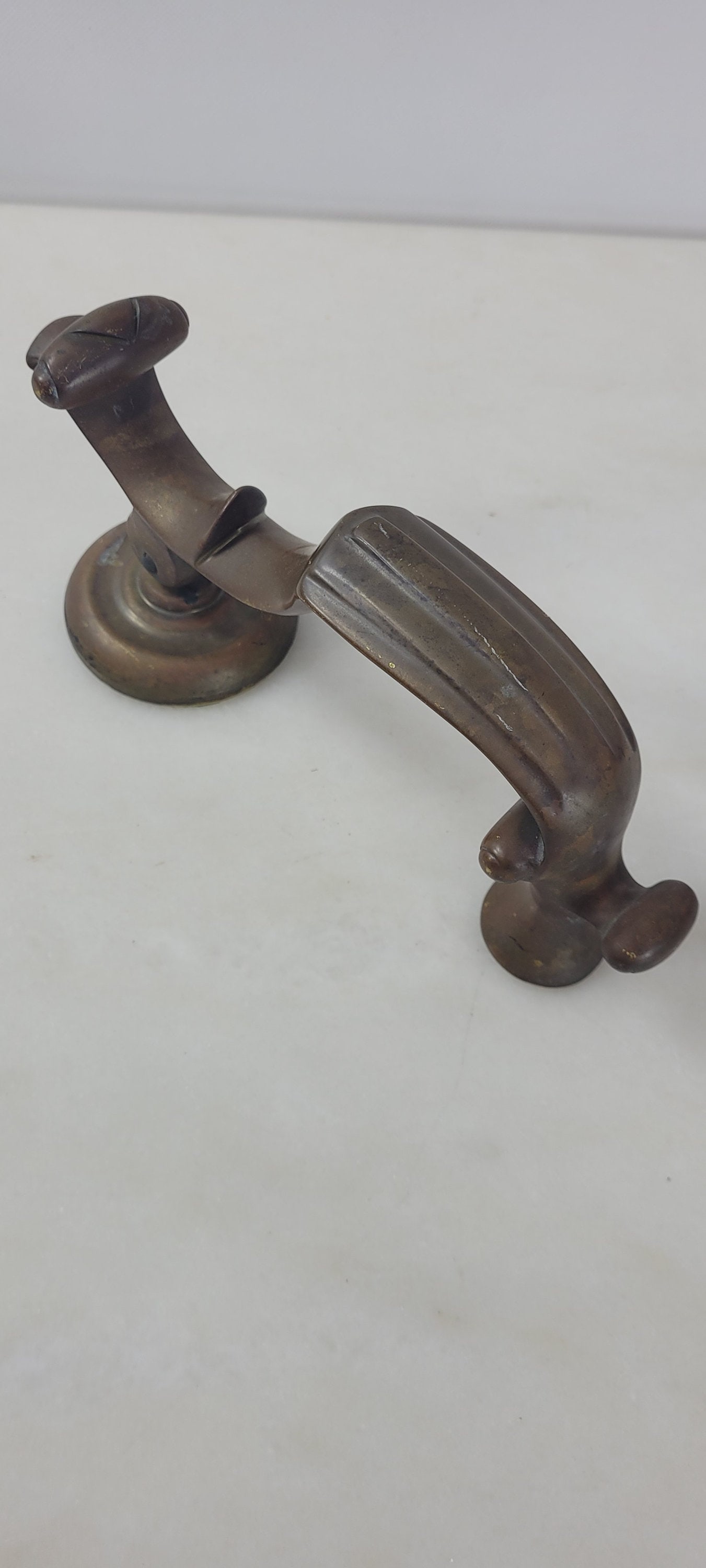 Vintage Brass Lever Door Knocker, Sculptural Curved Handle with Round Strike Plate, Traditional - 4