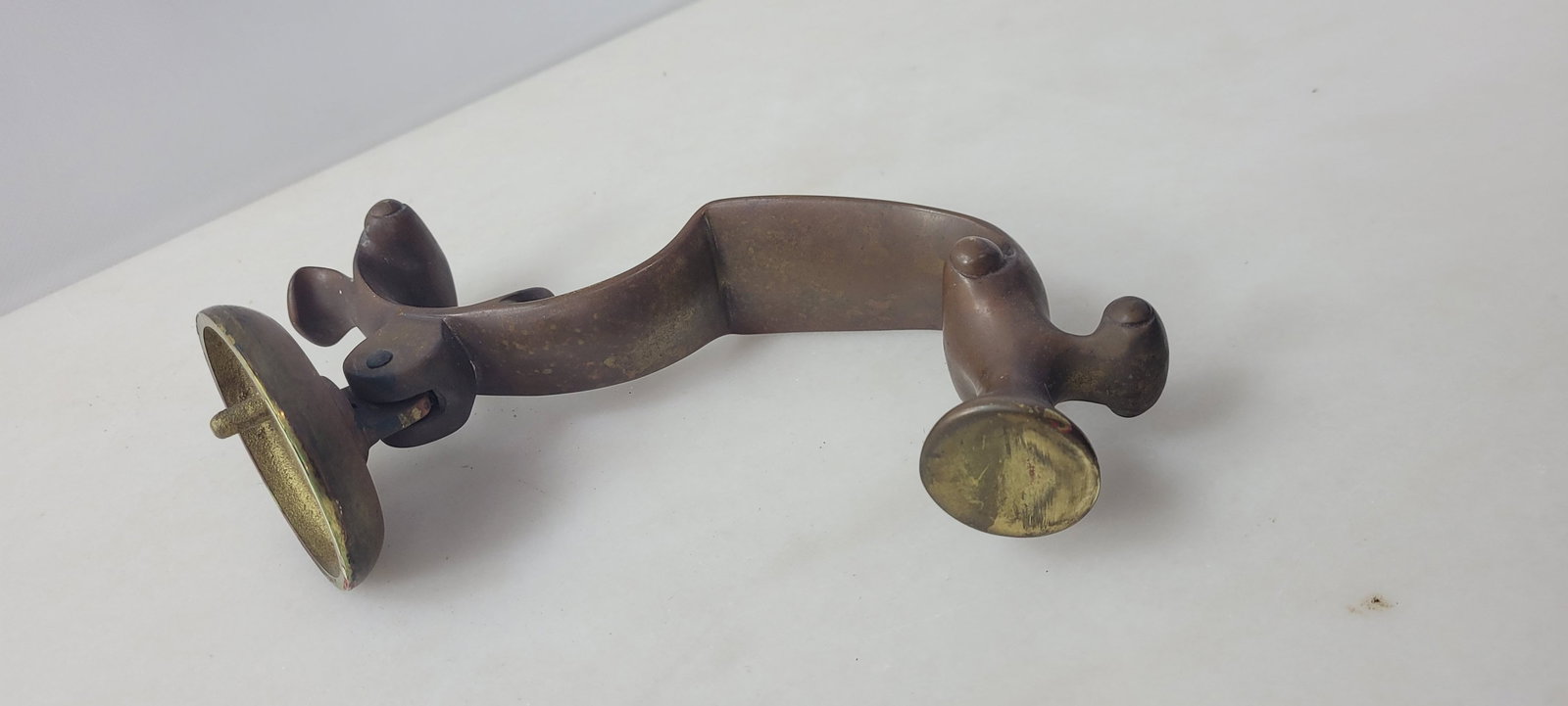 Vintage Brass Lever Door Knocker, Sculptural Curved Handle with Round Strike Plate, Traditional - 5