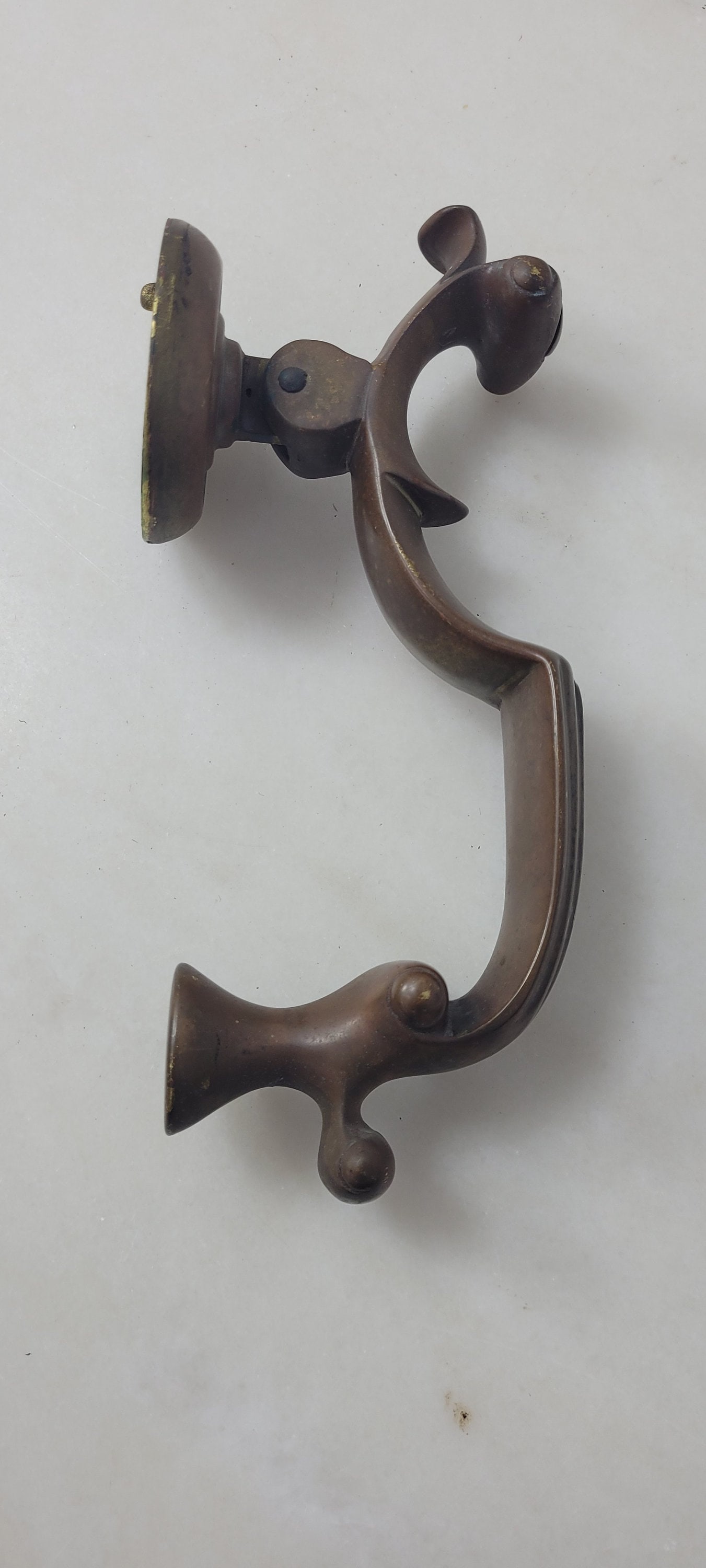 Vintage Brass Lever Door Knocker, Sculptural Curved Handle with Round Strike Plate, Traditional - 7