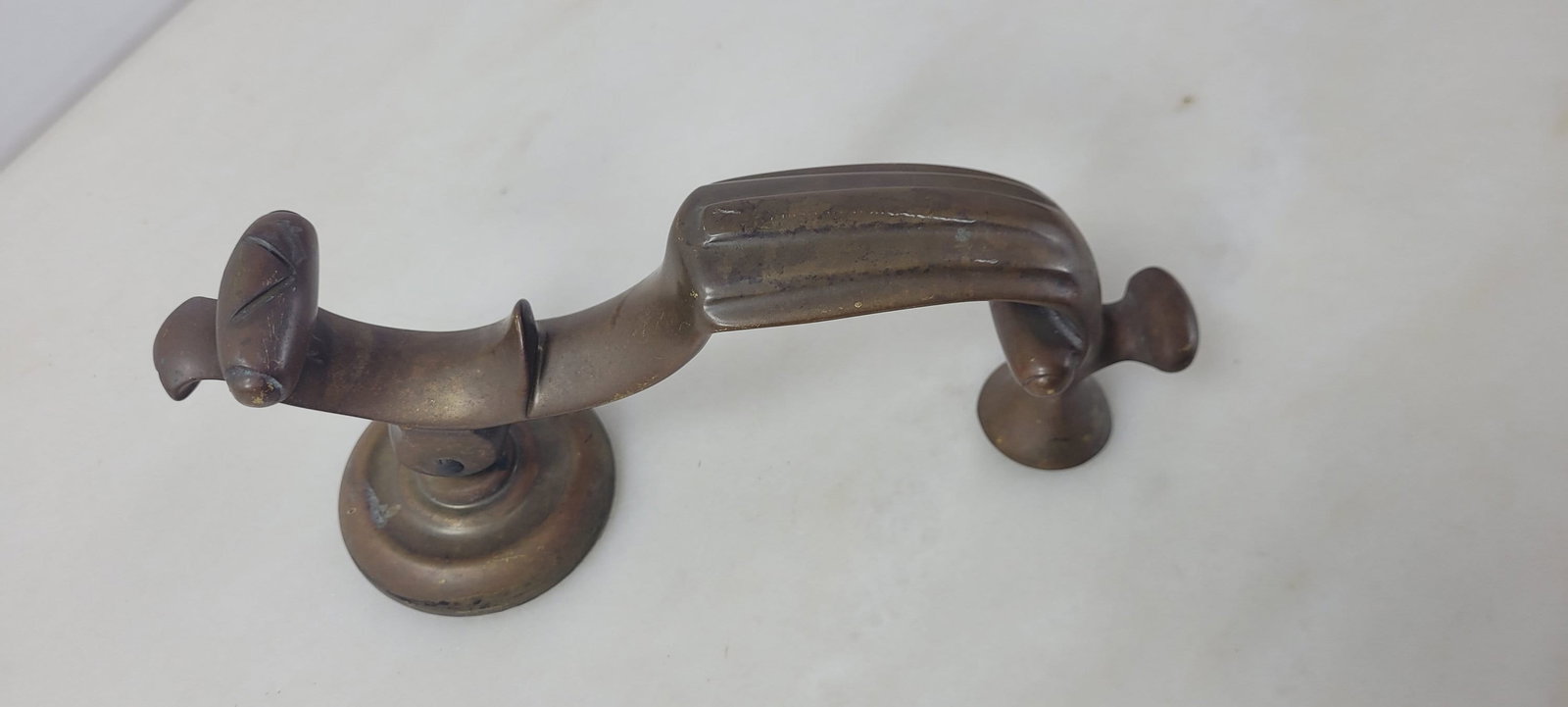 Vintage Brass Lever Door Knocker, Sculptural Curved Handle with Round Strike Plate, Traditional - 8