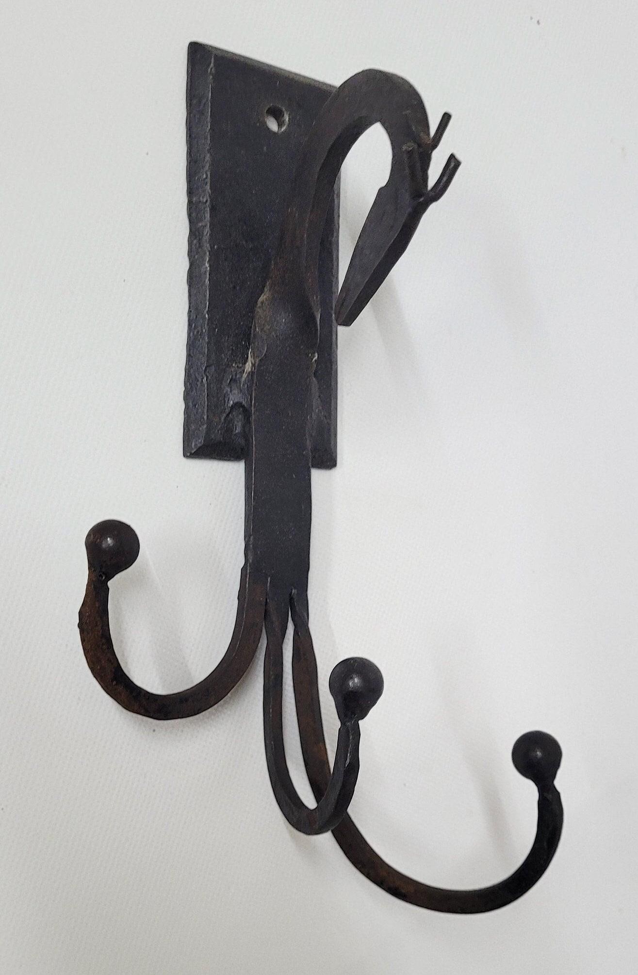 Vintage Black Iron Wall Hook Rack, Wrought Iron Coat & Hat Hook, 4 Hook Arts and Craft Entryway - 2