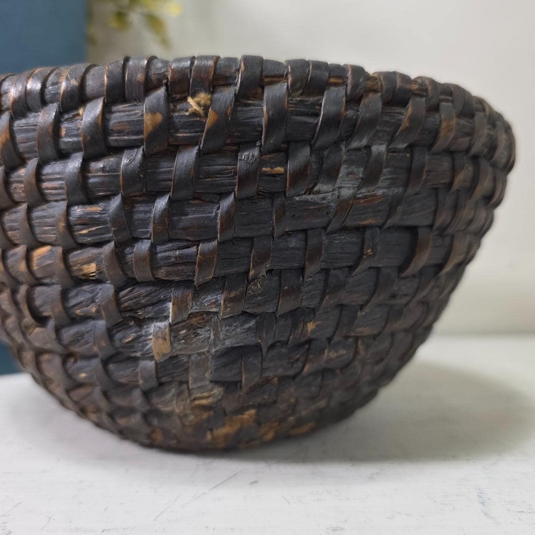 Antique Hand Woven Basket Early Primitive Rustic Bowl Old Farmhouse Storage Basket Solid Tight Weave - 2