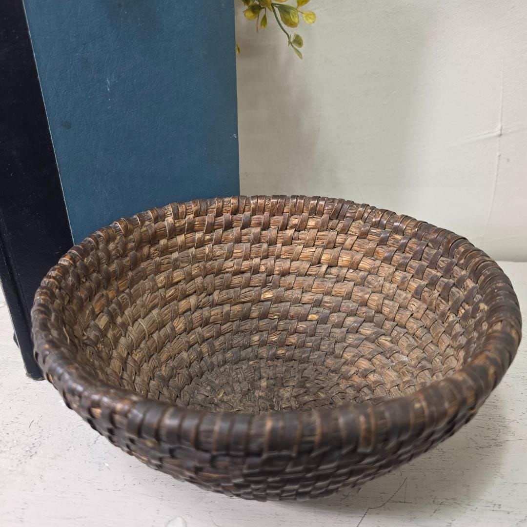 Antique Hand Woven Basket Early Primitive Rustic Bowl Old Farmhouse Storage Basket Solid Tight Weave - 5