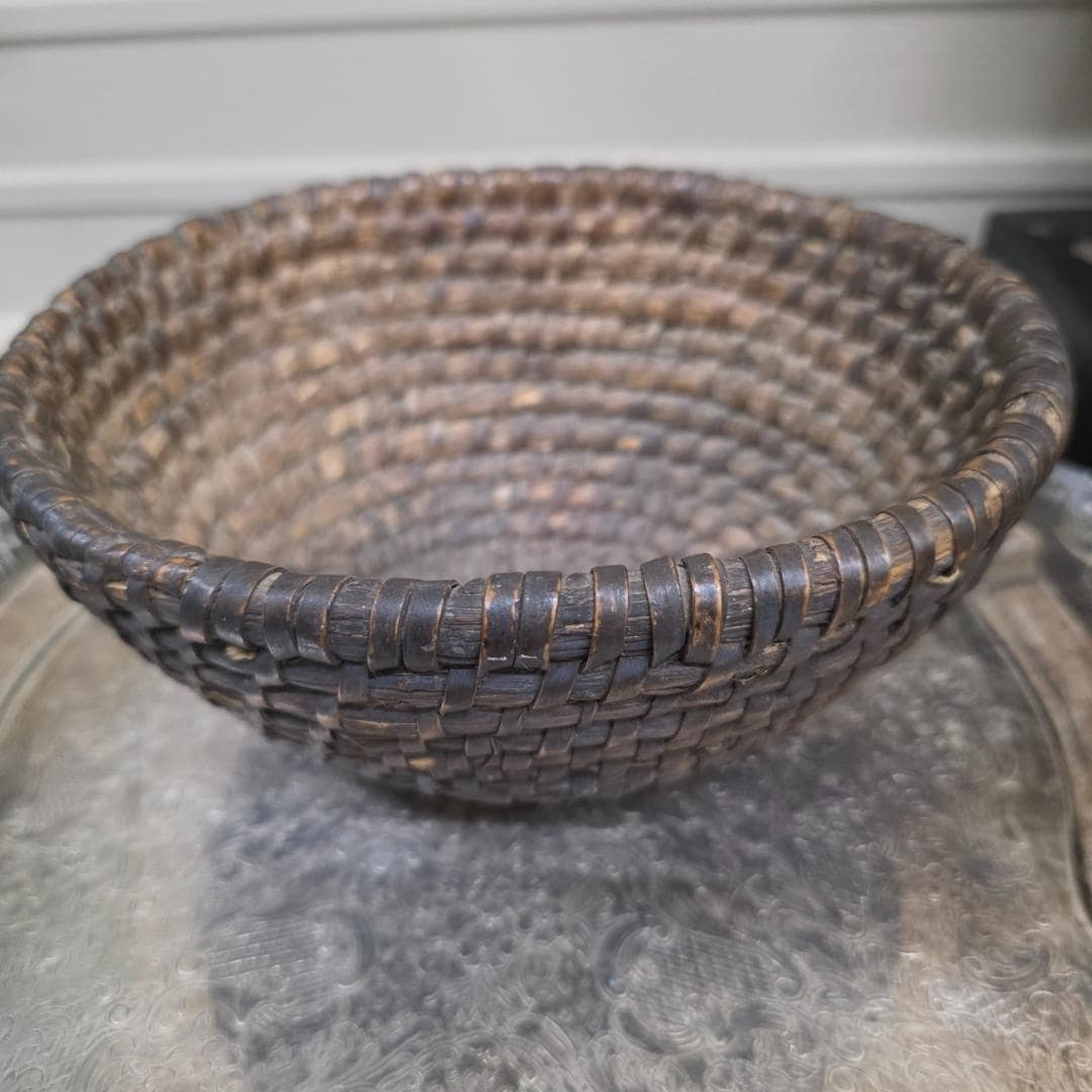 Antique Hand Woven Basket Early Primitive Rustic Bowl Old Farmhouse Storage Basket Solid Tight Weave - 6