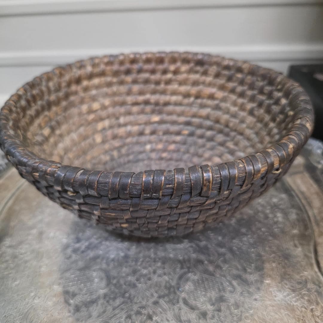 Antique Hand Woven Basket Early Primitive Rustic Bowl Old Farmhouse Storage Basket Solid Tight Weave - 8
