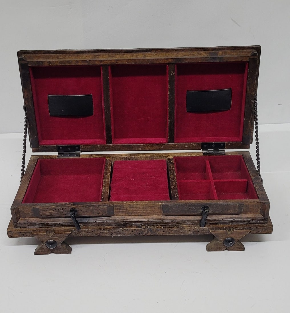 Vintage Velvet Lined Wooden Keepsake Box, Rustic Gothic Casket Jewelry Box, Burgundy Red Velvet - 3