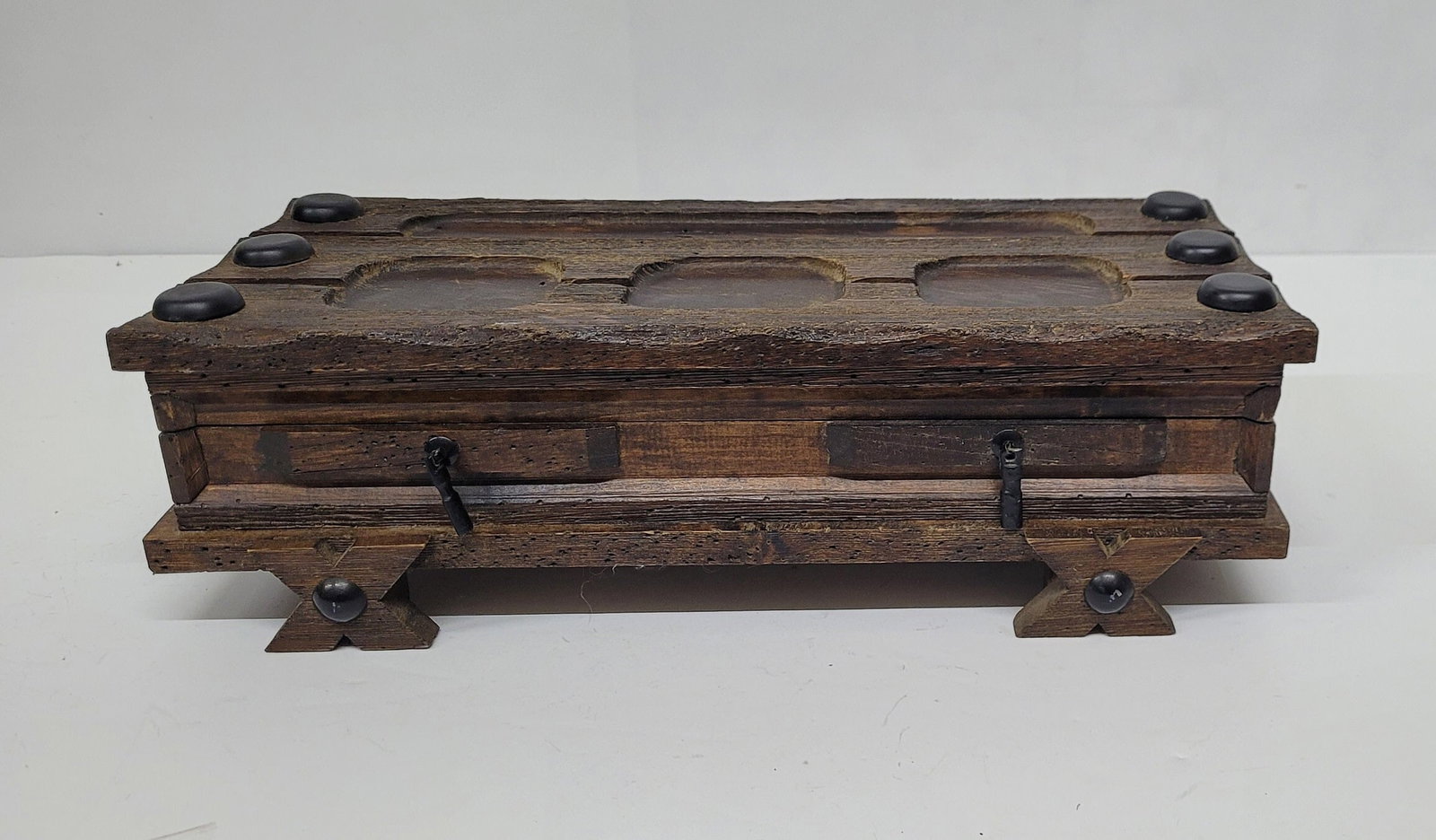 Vintage Velvet Lined Wooden Keepsake Box, Rustic Gothic Casket Jewelry Box, Burgundy Red Velvet - 4