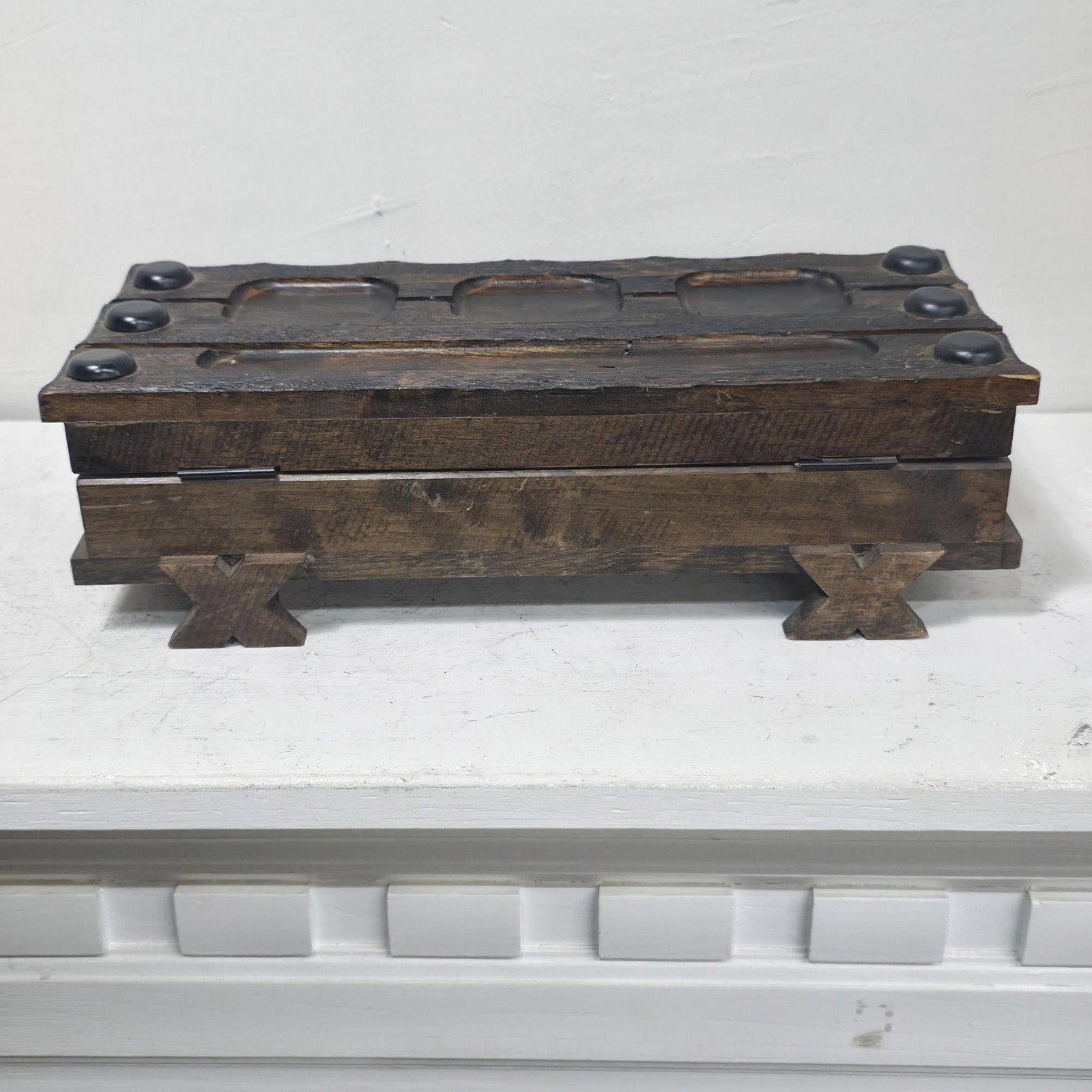 Vintage Velvet Lined Wooden Keepsake Box, Rustic Gothic Casket Jewelry Box, Burgundy Red Velvet - 6