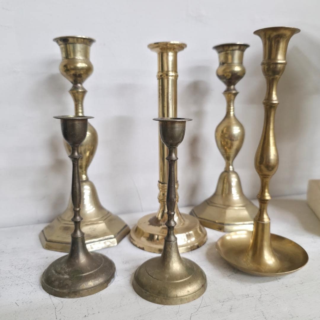 Vintage Brass Candlesticks Lot of 6, Mixed Heights 6.25–10, Taper Candle Holders, Eclectic - 2