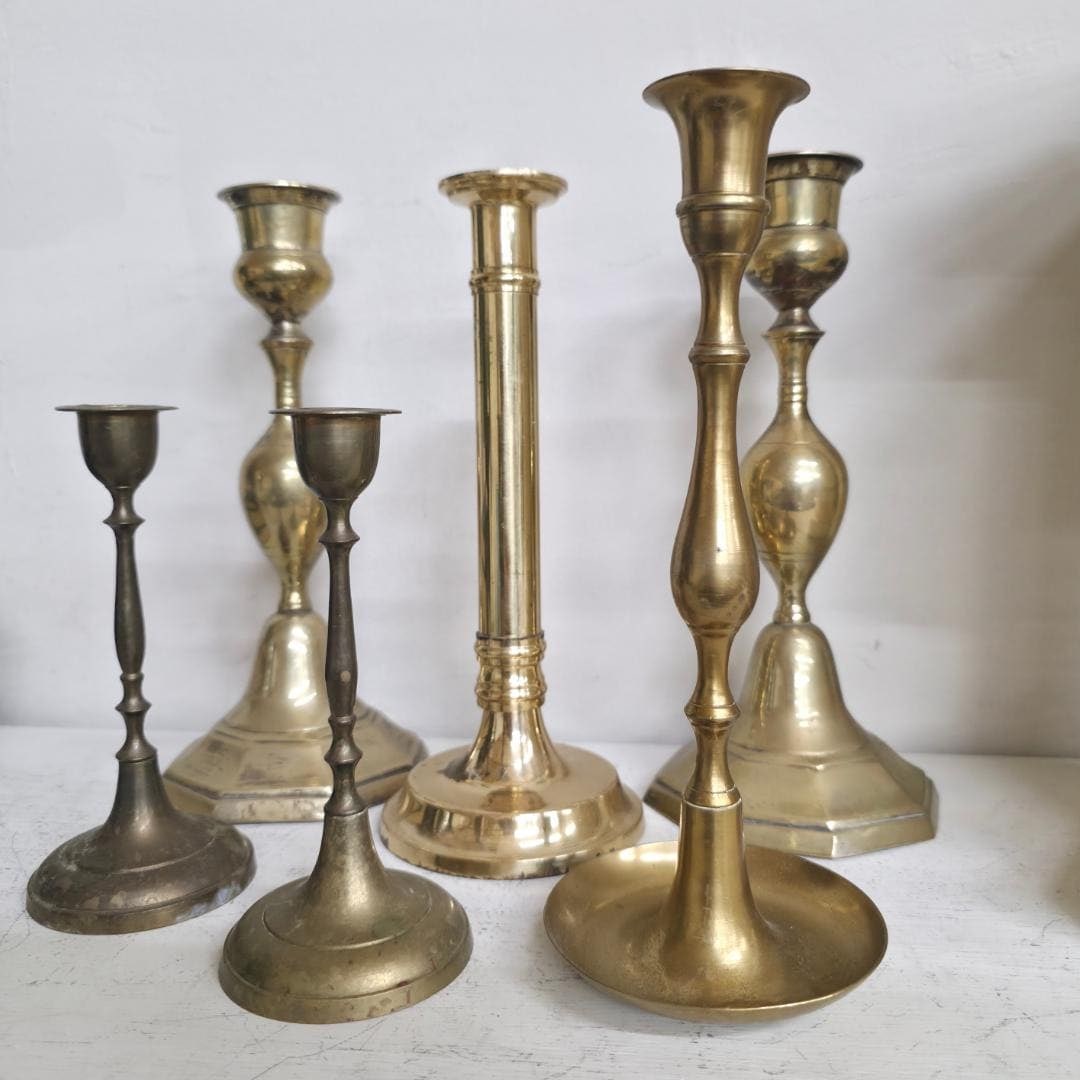Vintage Brass Candlesticks Lot of 6, Mixed Heights 6.25–10, Taper Candle Holders, Eclectic - 6