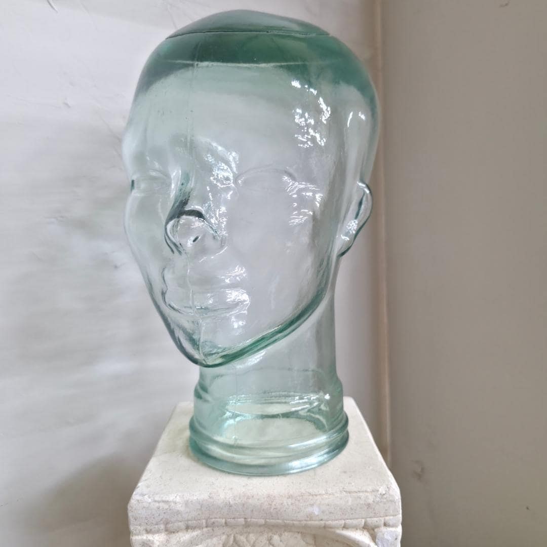 Large Glass Mannequin Head Display Aqua Green Tint Heavy Molded Glass Wig Hat Stand Vanity Decor - 2