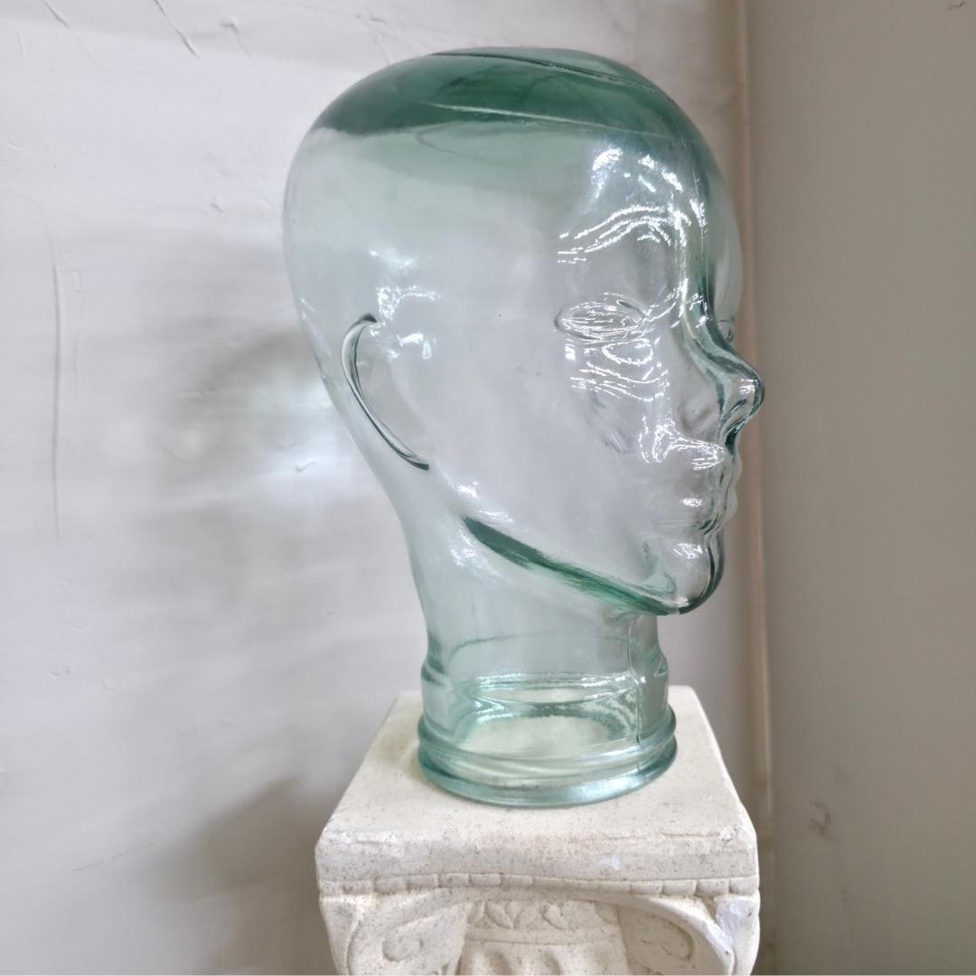 Large Glass Mannequin Head Display Aqua Green Tint Heavy Molded Glass Wig Hat Stand Vanity Decor - 3