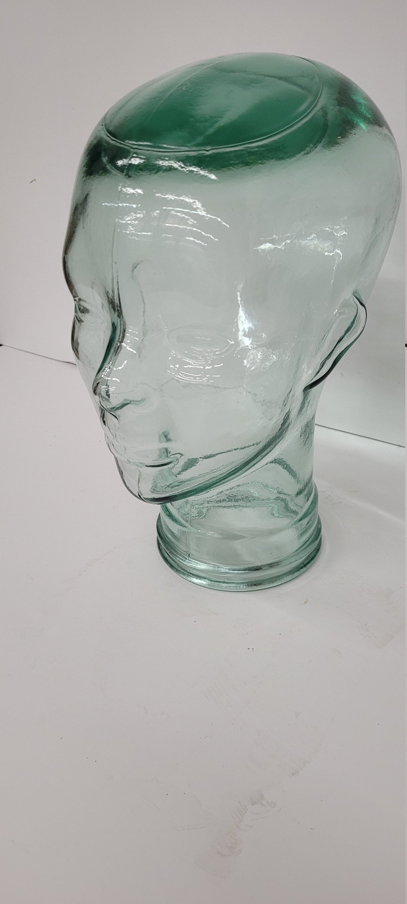 Large Glass Mannequin Head Display Aqua Green Tint Heavy Molded Glass Wig Hat Stand Vanity Decor - 6