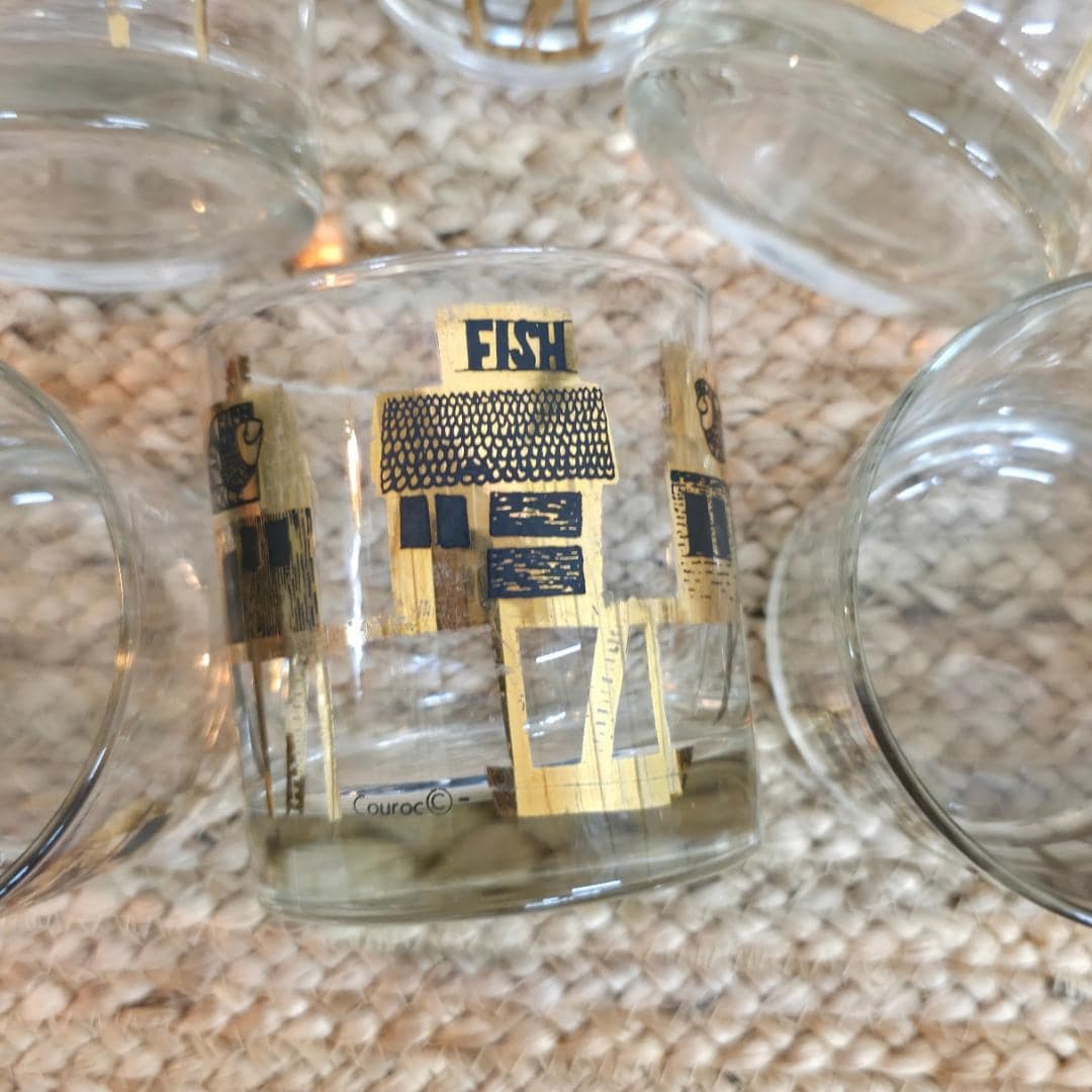 Couroc of Monterey Fish Serving Tray + 8 Rocks Glasses Mid Century Barware Set Nautical Coastal Tiki - 4