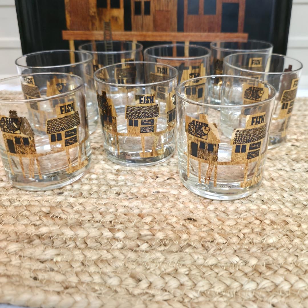 Couroc of Monterey Fish Serving Tray + 8 Rocks Glasses Mid Century Barware Set Nautical Coastal Tiki - 5