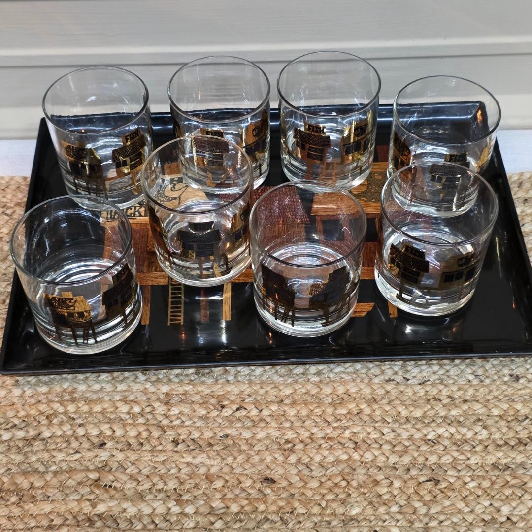 Couroc of Monterey Fish Serving Tray + 8 Rocks Glasses Mid Century Barware Set Nautical Coastal Tiki - 6