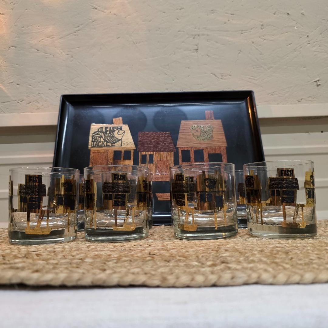 Couroc of Monterey Fish Serving Tray + 8 Rocks Glasses Mid Century Barware Set Nautical Coastal Tiki - 8