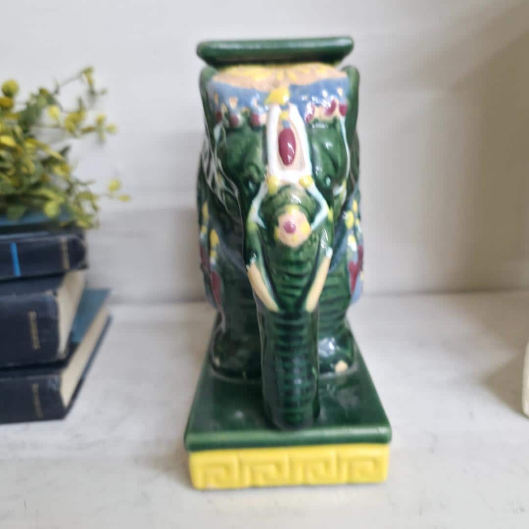 Vintage Chinoiserie Ceramic Elephant Planter Candle Holder, Green Glazed Pottery, Hollywood Regency - 3