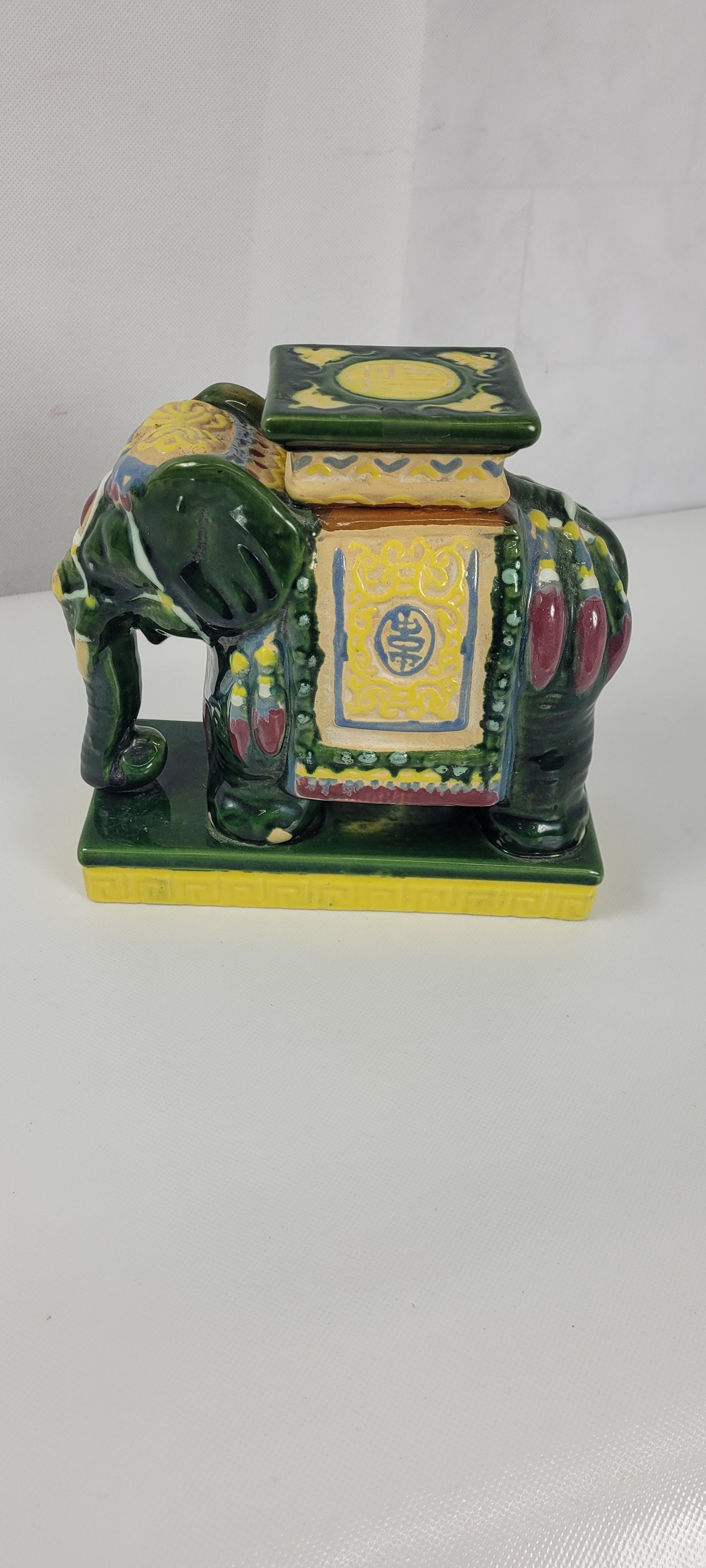 Vintage Chinoiserie Ceramic Elephant Planter Candle Holder, Green Glazed Pottery, Hollywood Regency - 7
