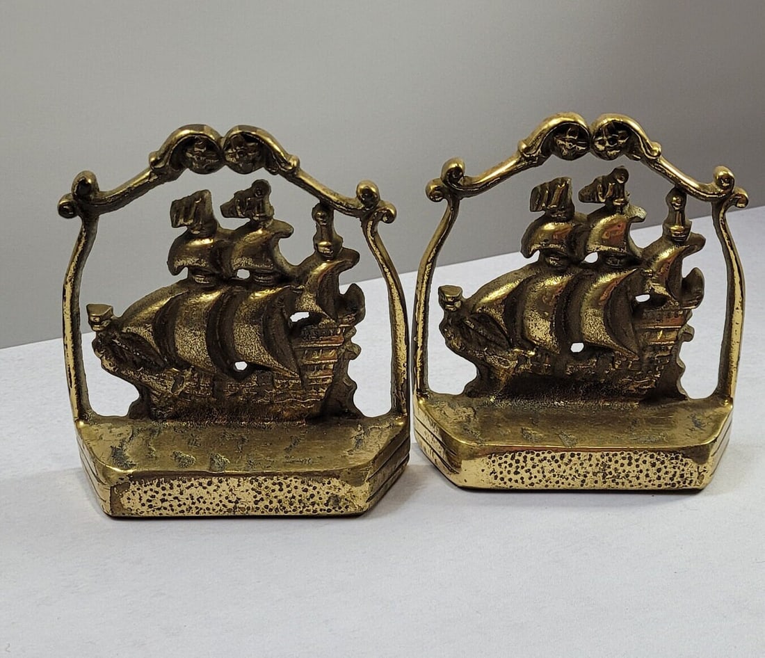 Vintage Brass Ship Bookends Pair Nautical Sailing Galleon Coastal Library Decor Traditional Study - 5