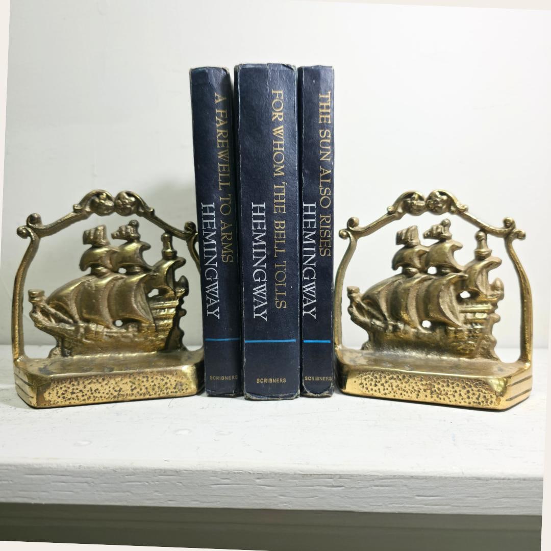 Vintage Brass Ship Bookends Pair Nautical Sailing Galleon Coastal Library Decor Traditional Study - 8