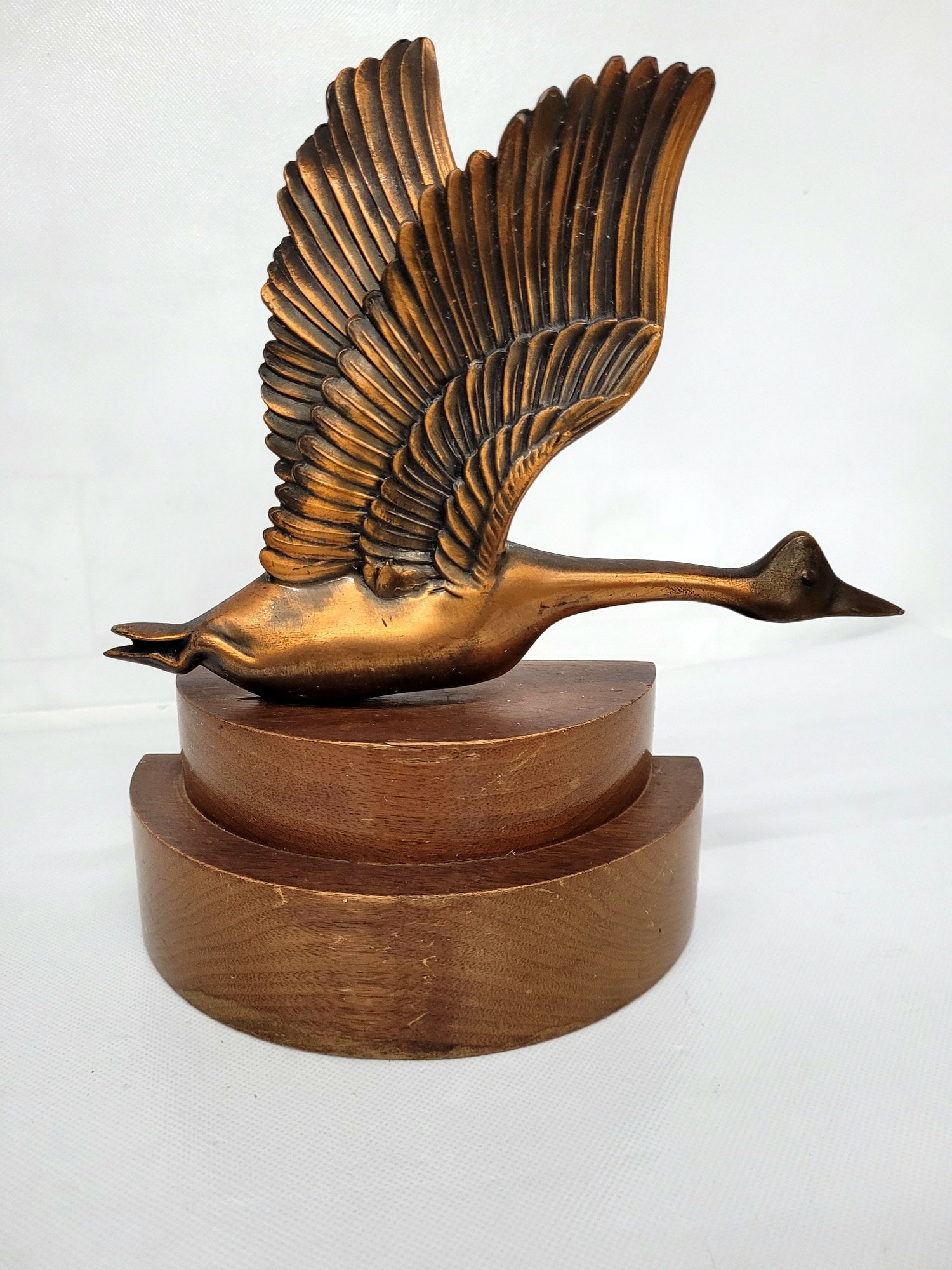 Vintage Copper Flying Goose Sculpture Art Deco Wood Base Mid-Century Style Bird Figurine 9.5” - 2