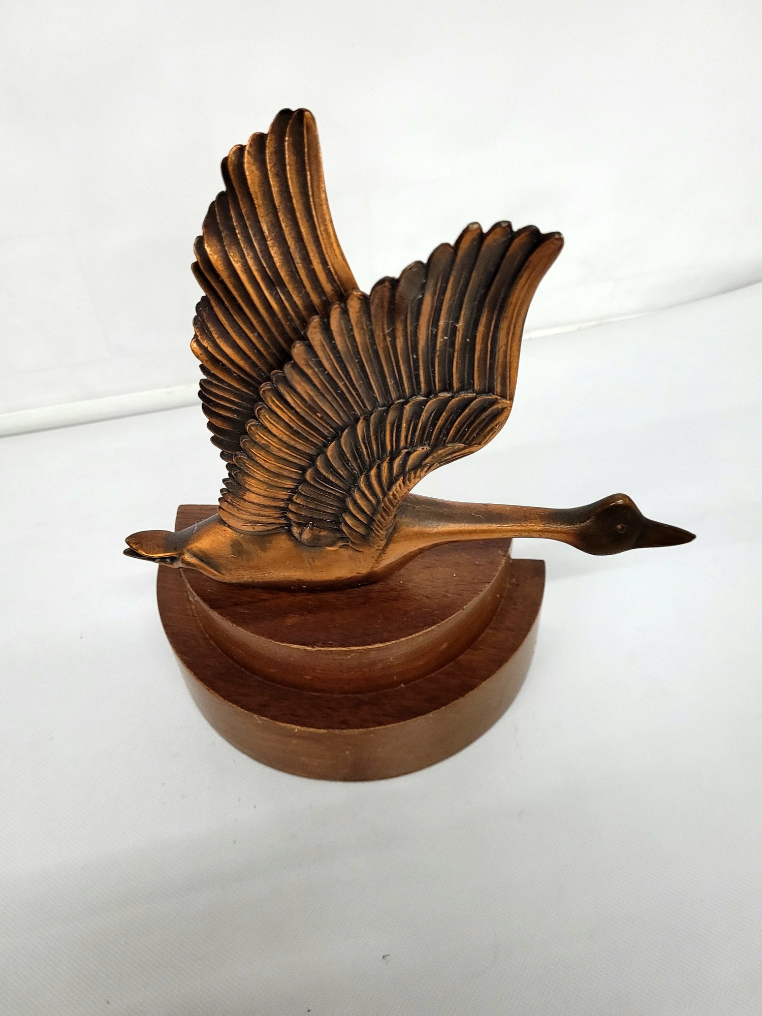 Vintage Copper Flying Goose Sculpture Art Deco Wood Base Mid-Century Style Bird Figurine 9.5” - 3