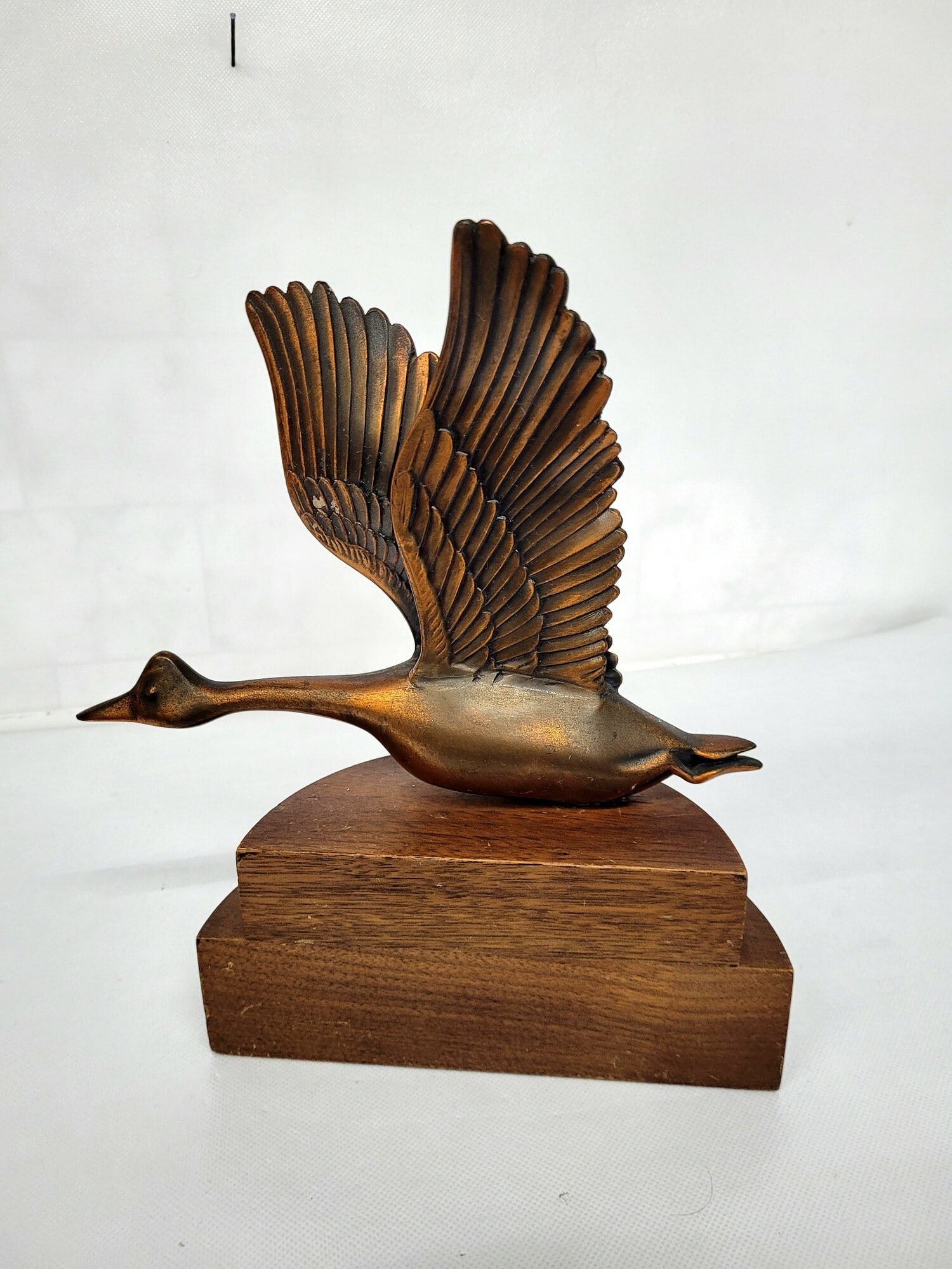 Vintage Copper Flying Goose Sculpture Art Deco Wood Base Mid-Century Style Bird Figurine 9.5” - 4