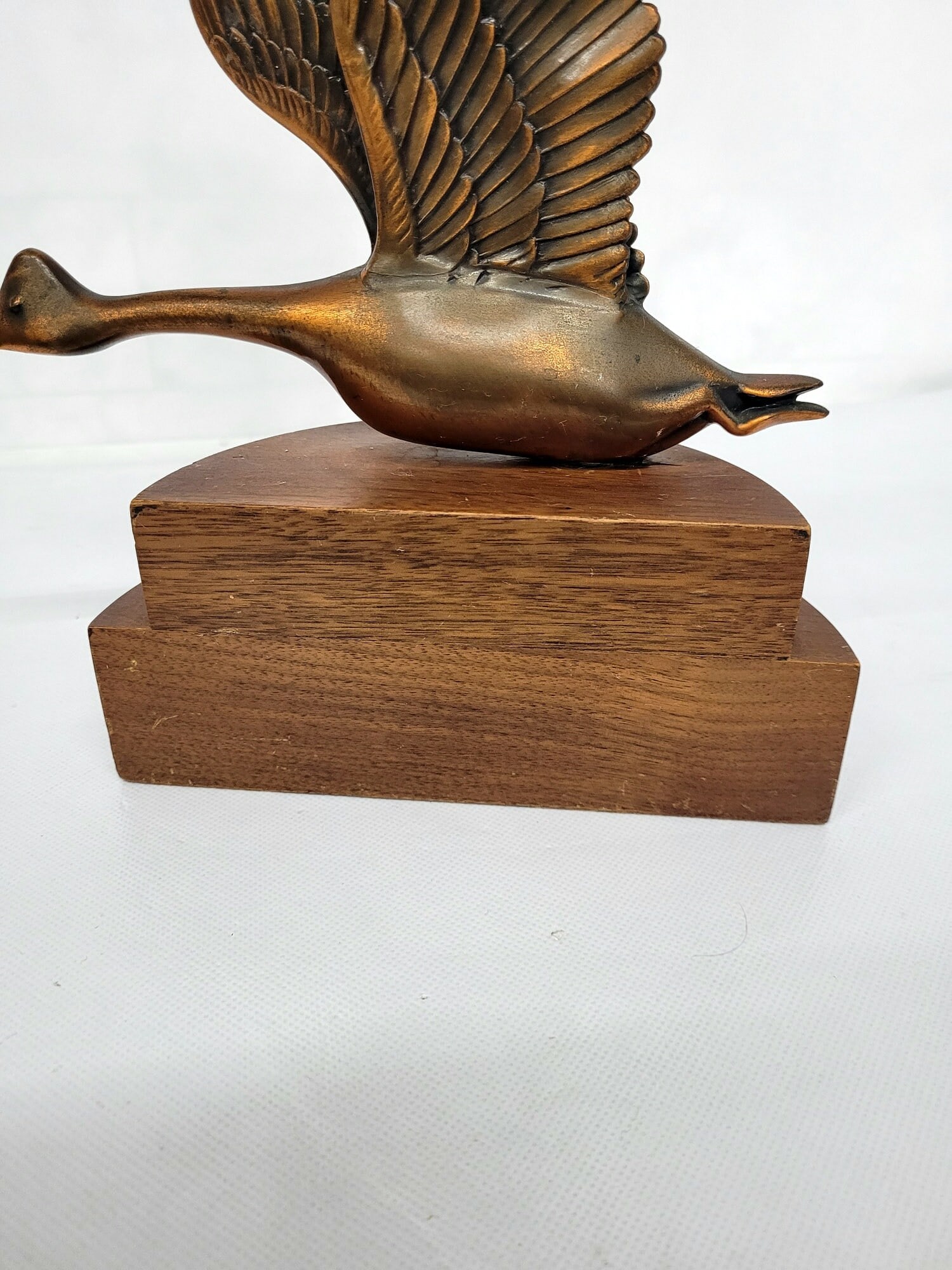 Vintage Copper Flying Goose Sculpture Art Deco Wood Base Mid-Century Style Bird Figurine 9.5” - 5
