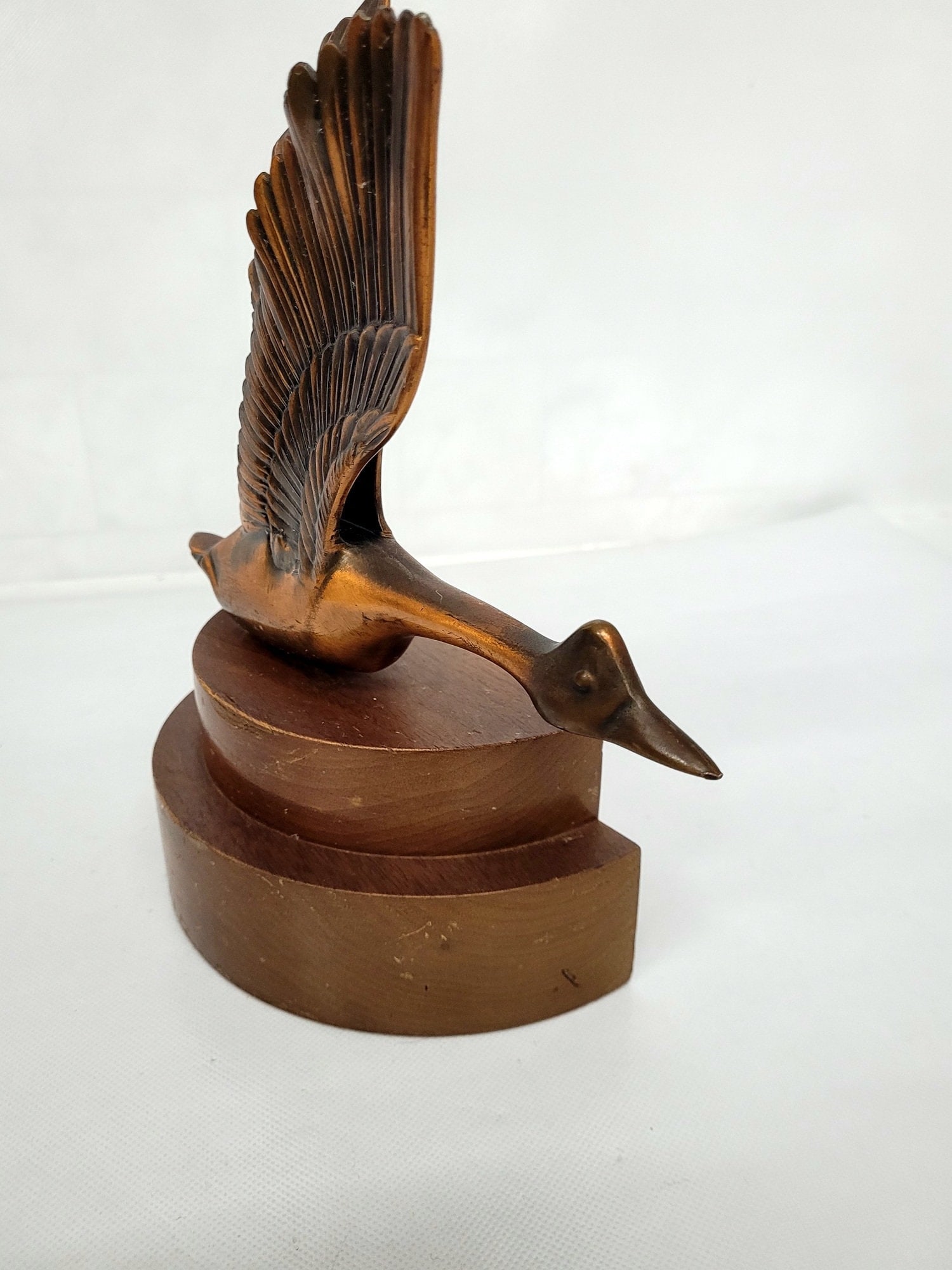 Vintage Copper Flying Goose Sculpture Art Deco Wood Base Mid-Century Style Bird Figurine 9.5” - 8